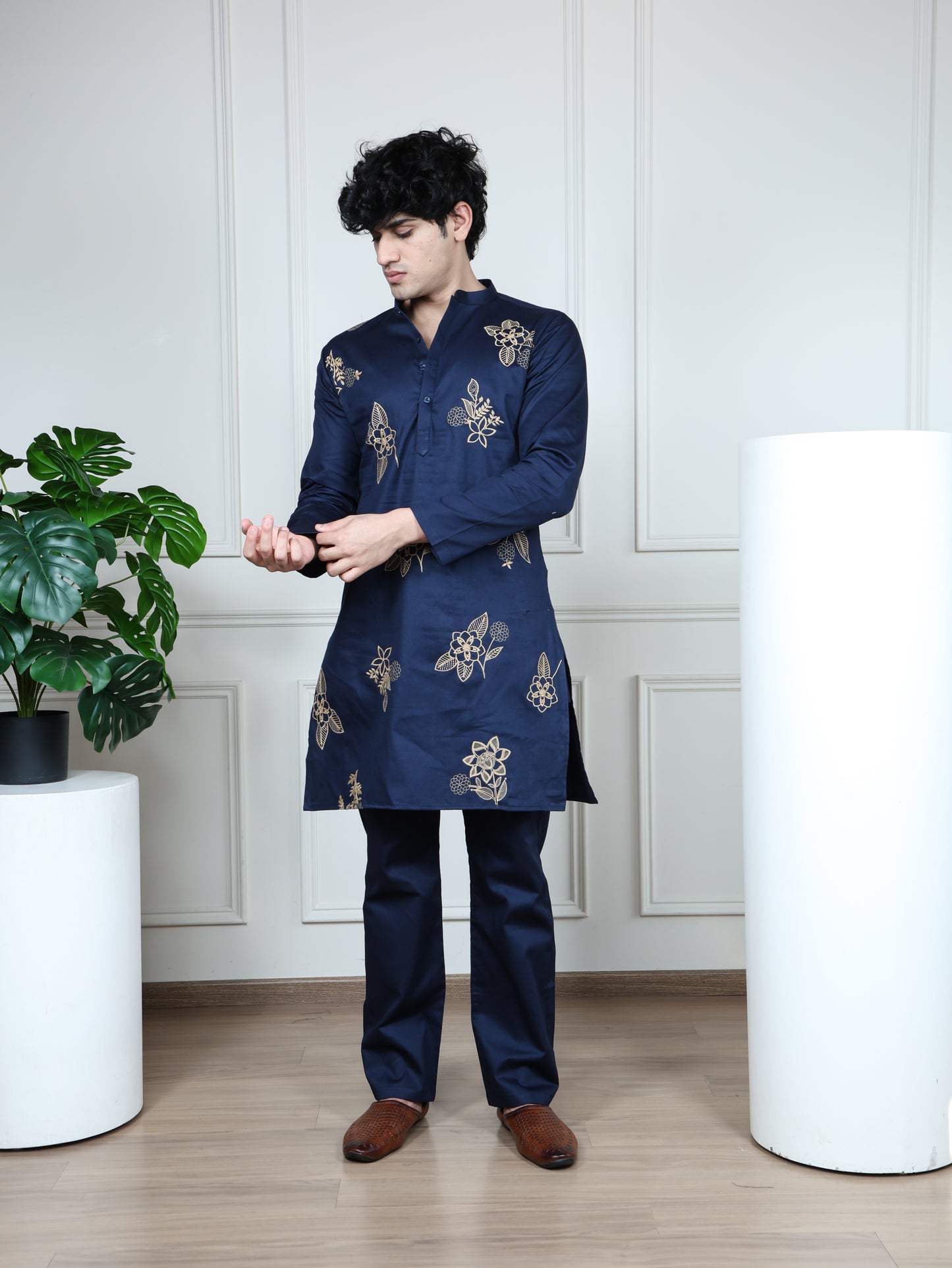 Floral Embroidered Only Kurta-Blue