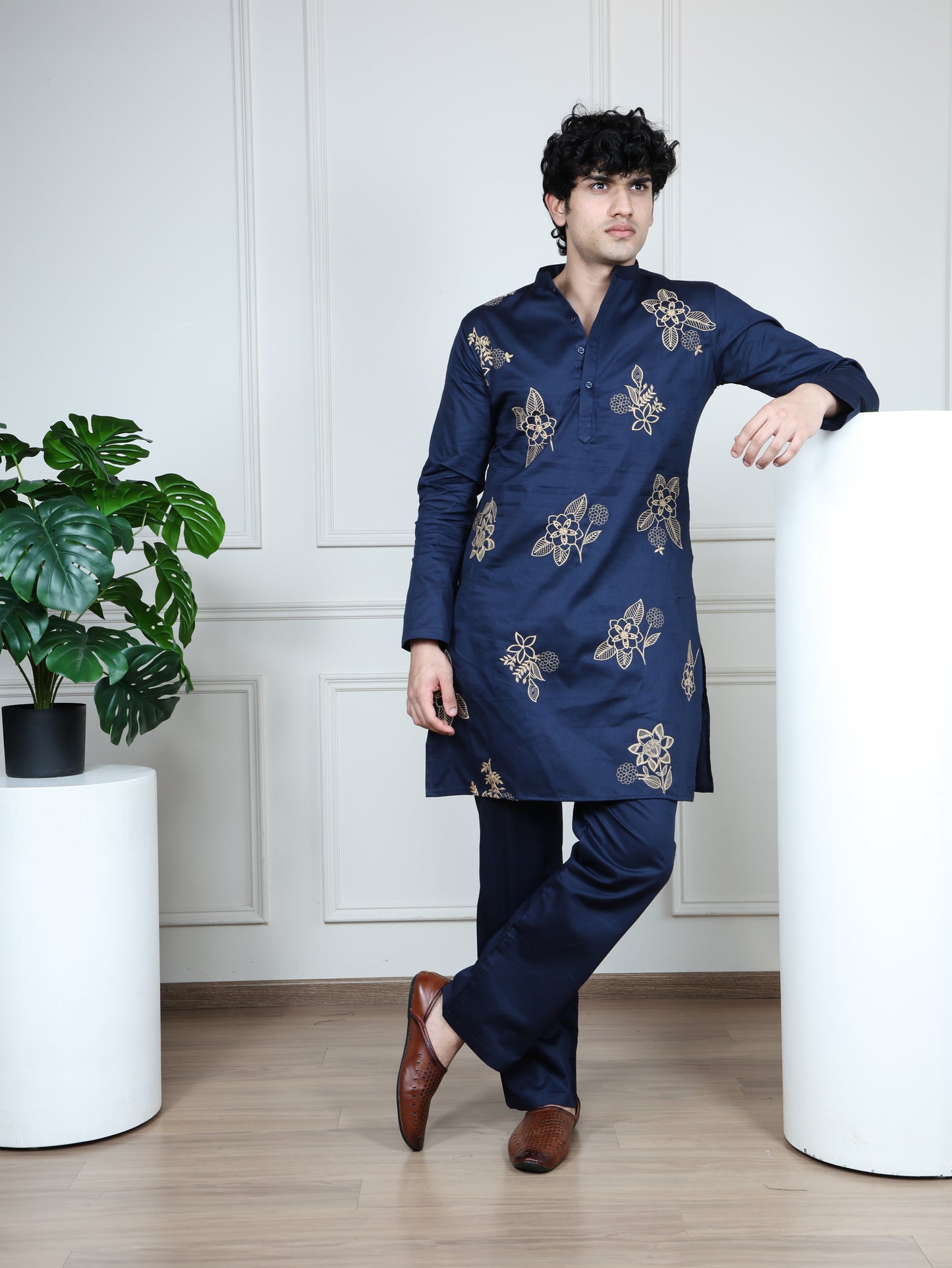 Floral Embroidered Only Kurta-Blue