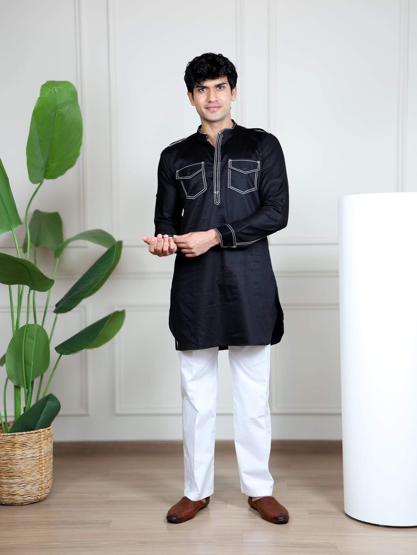 Urban Heritage Kurta & Straight Pant Set-Black