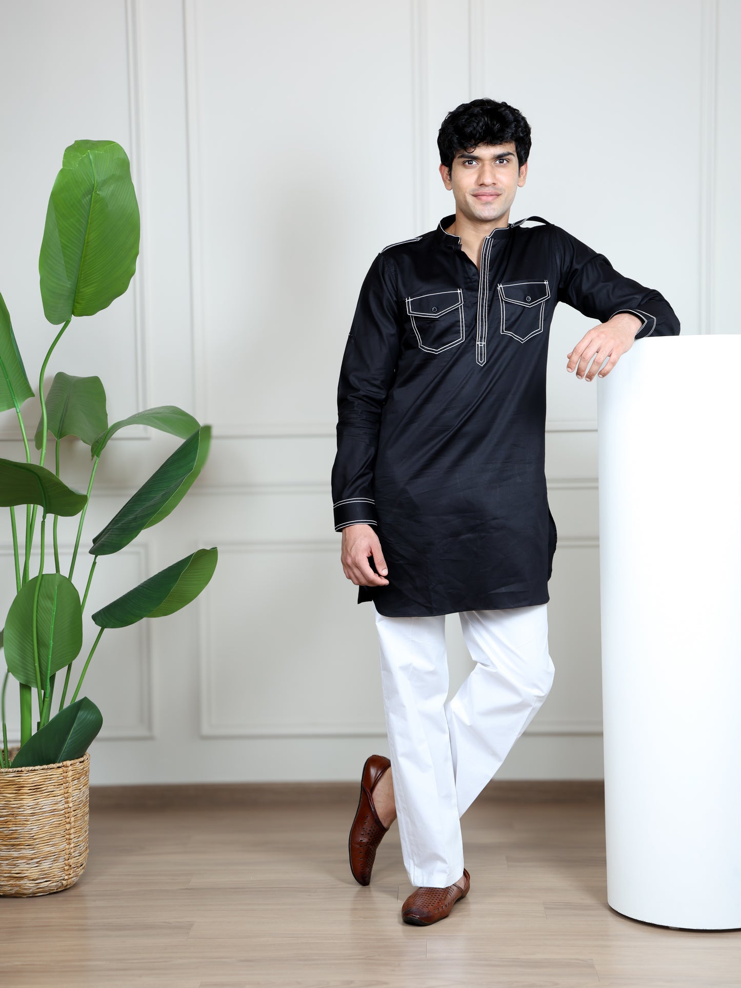 Urban Heritage Kurta & Straight Pant Set-Black