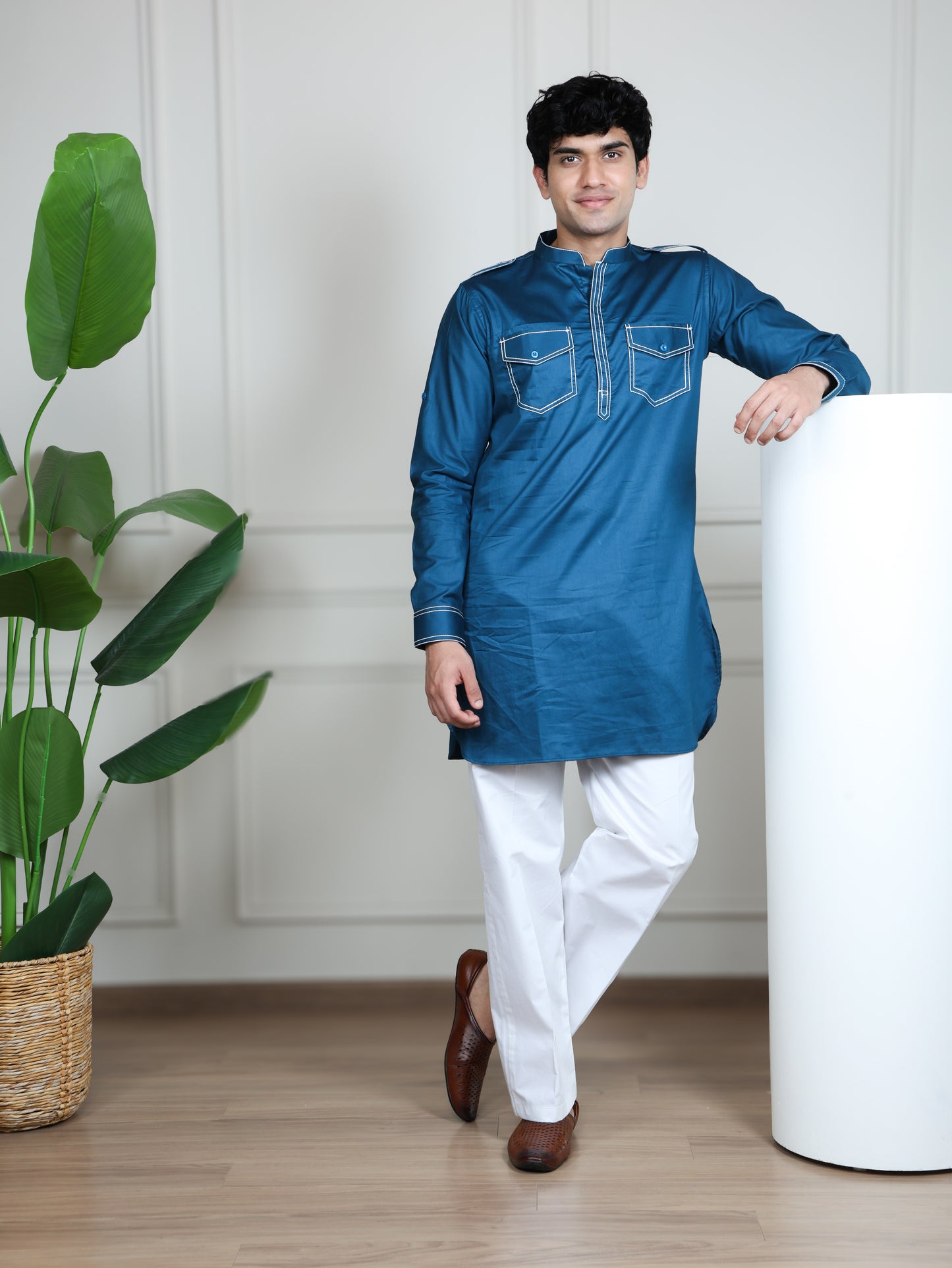 Urban Heritage Kurta & Straight Pant Set-Blue