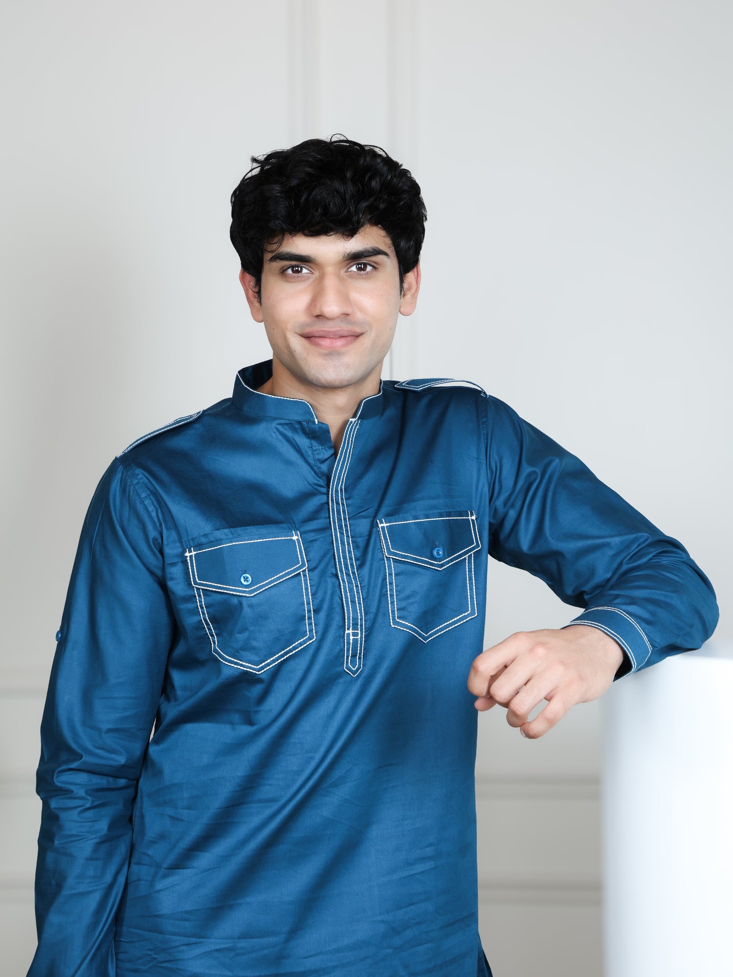 Urban Heritage Kurta & Straight Pant Set-Blue