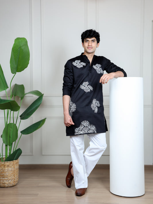 Motif Short Kurta Set-Black