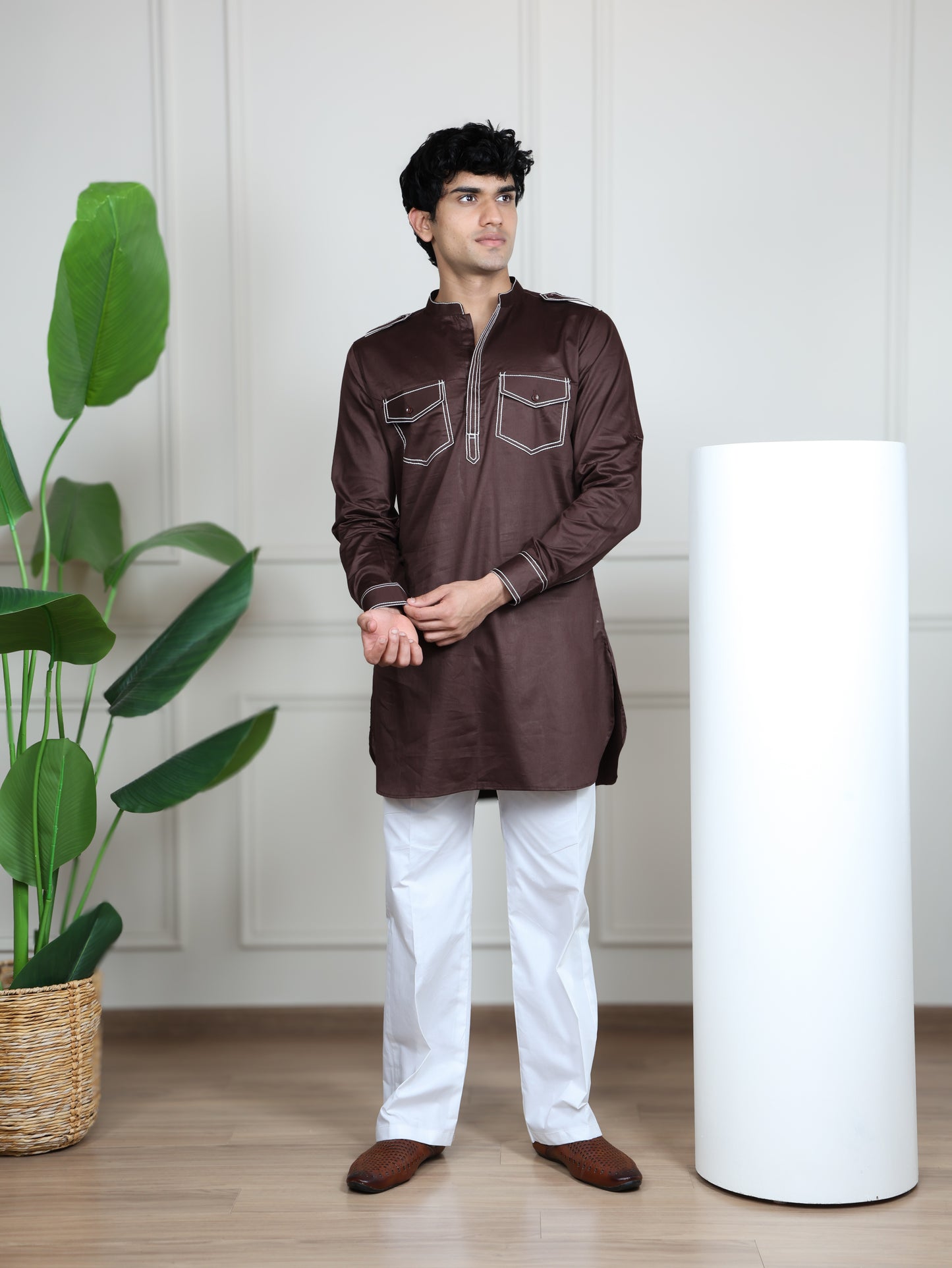 Urban Heritage Kurta & Straight Pant Set-Brown