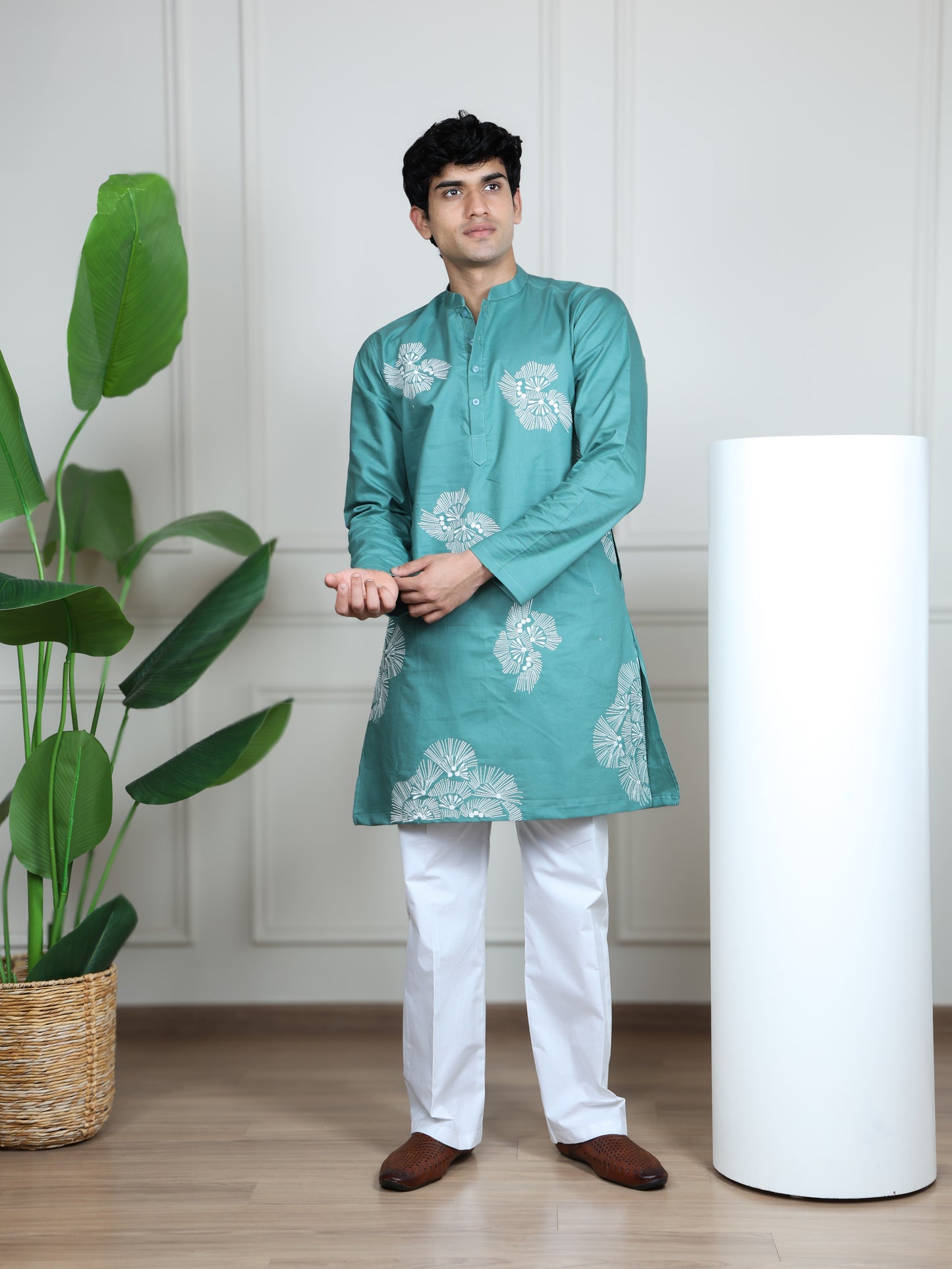 Motif Short Kurta Set-Light Blue