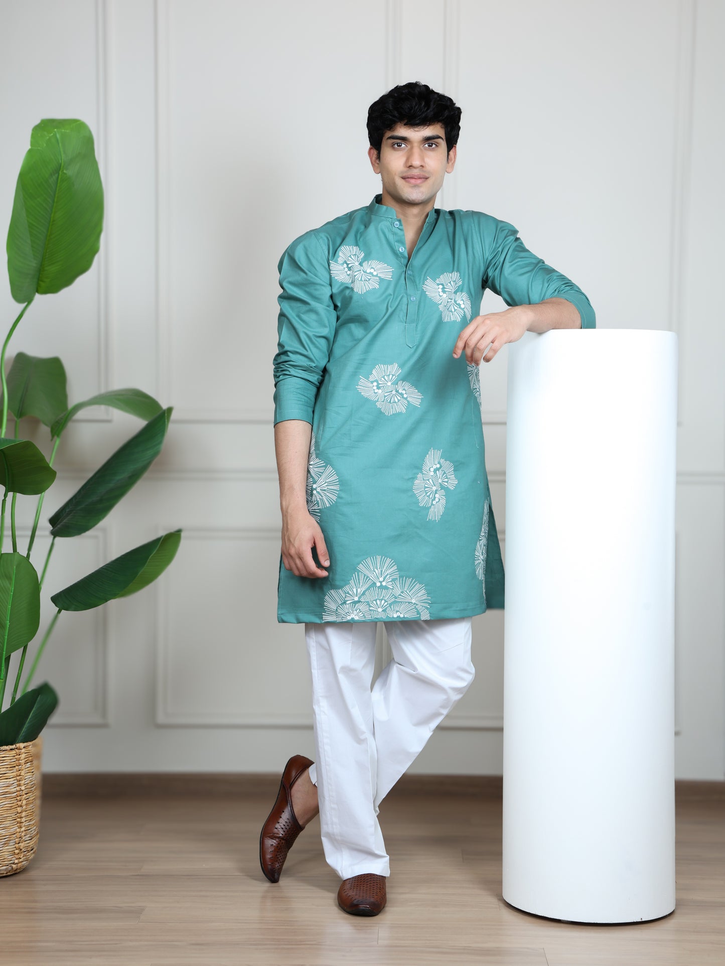 Motif Short Kurta Set-Light Blue