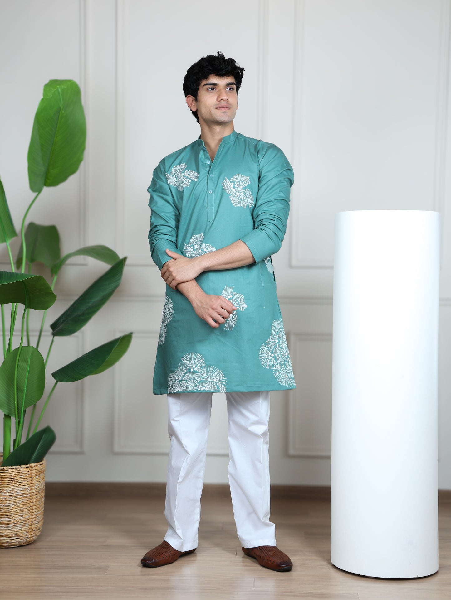 Motif Short Kurta Set-Light Blue