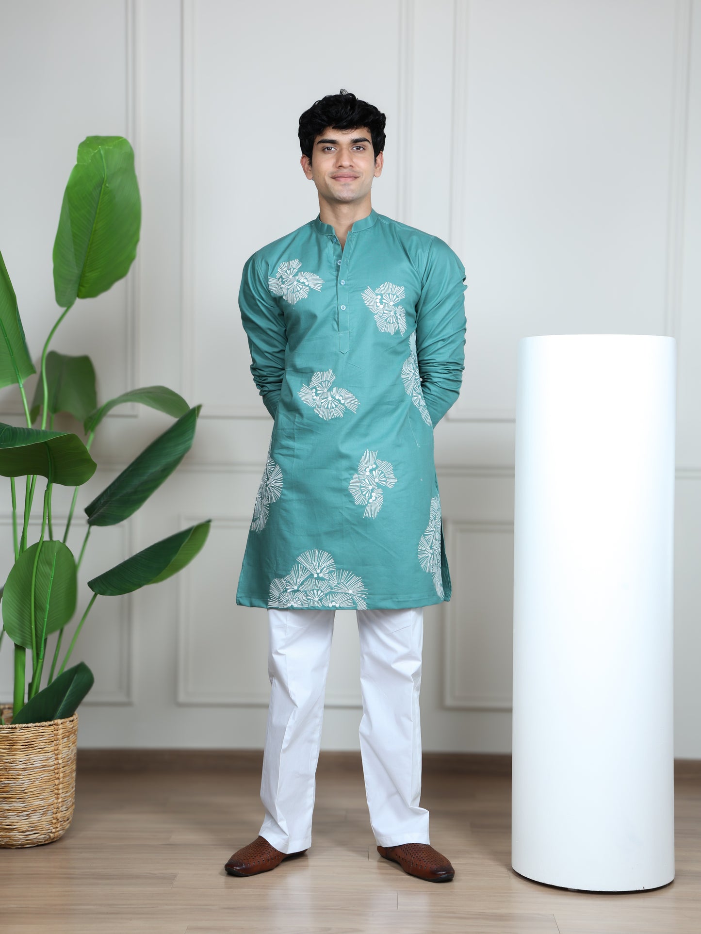 Motif Short Kurta Set-Light Blue