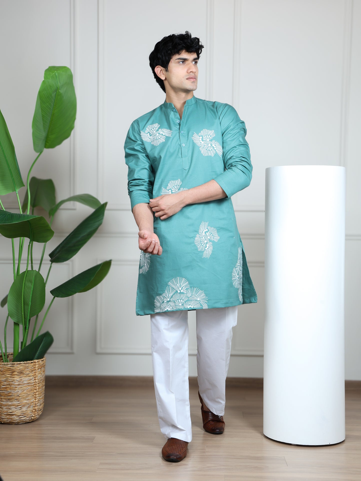 Motif Short Kurta Set-Light Blue