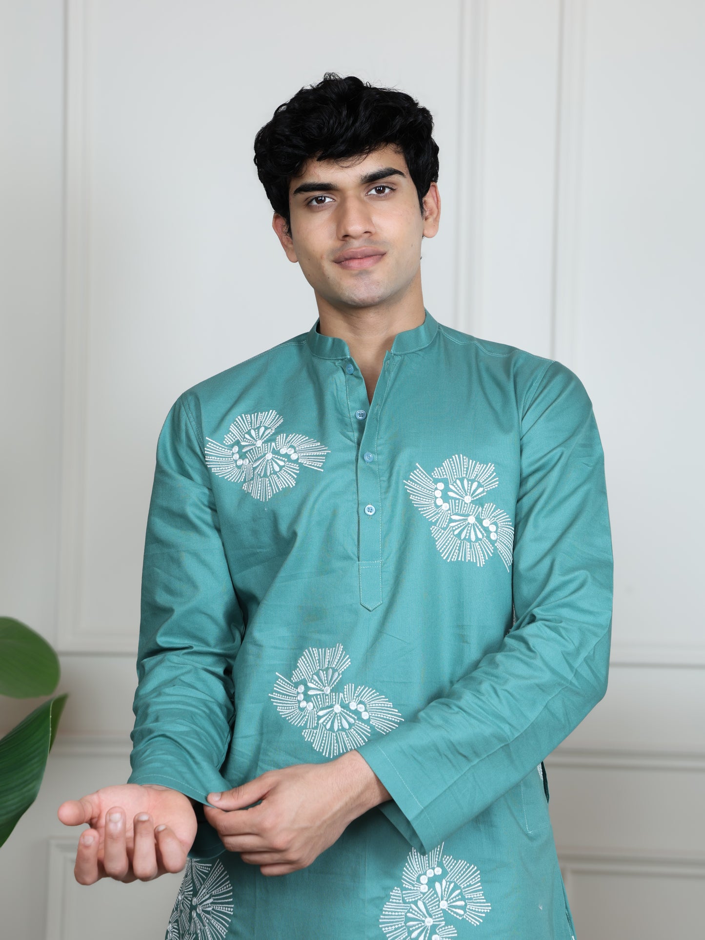 Motif Short Kurta Set-Light Blue