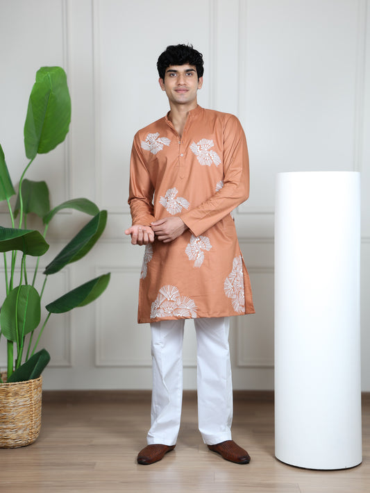 Motif Short Kurta Set-Peach