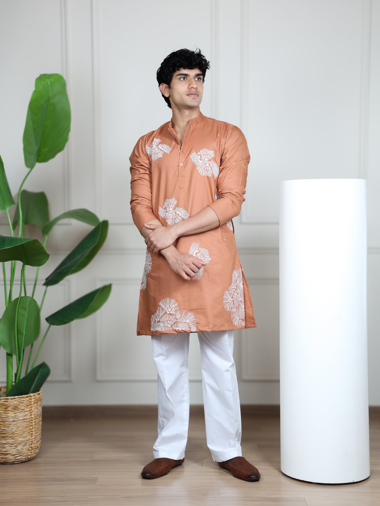Motif Short Kurta Set-Peach