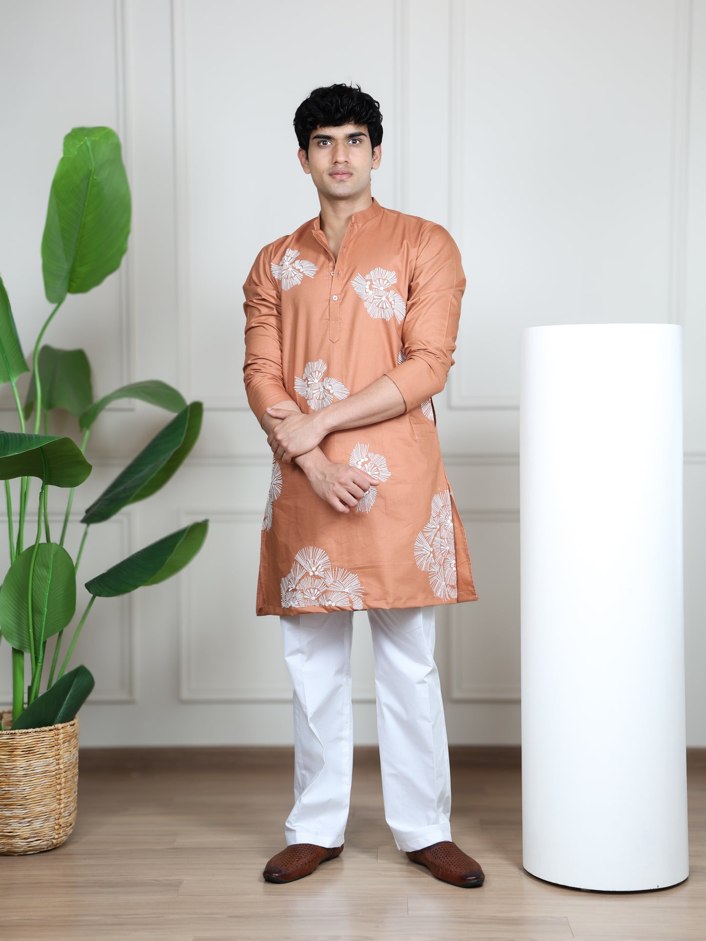 Motif Short Kurta Set-Peach