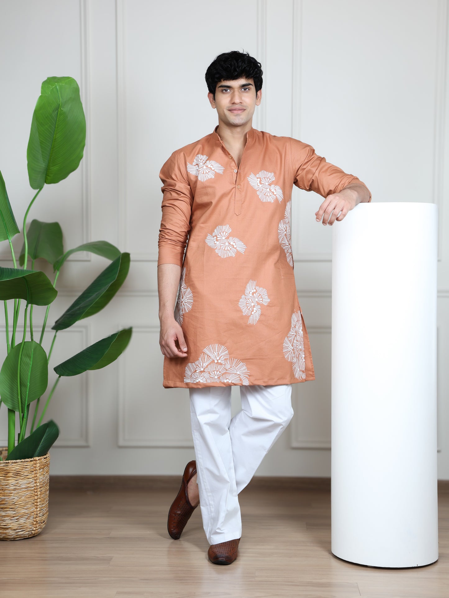 Motif Short Kurta Set-Peach