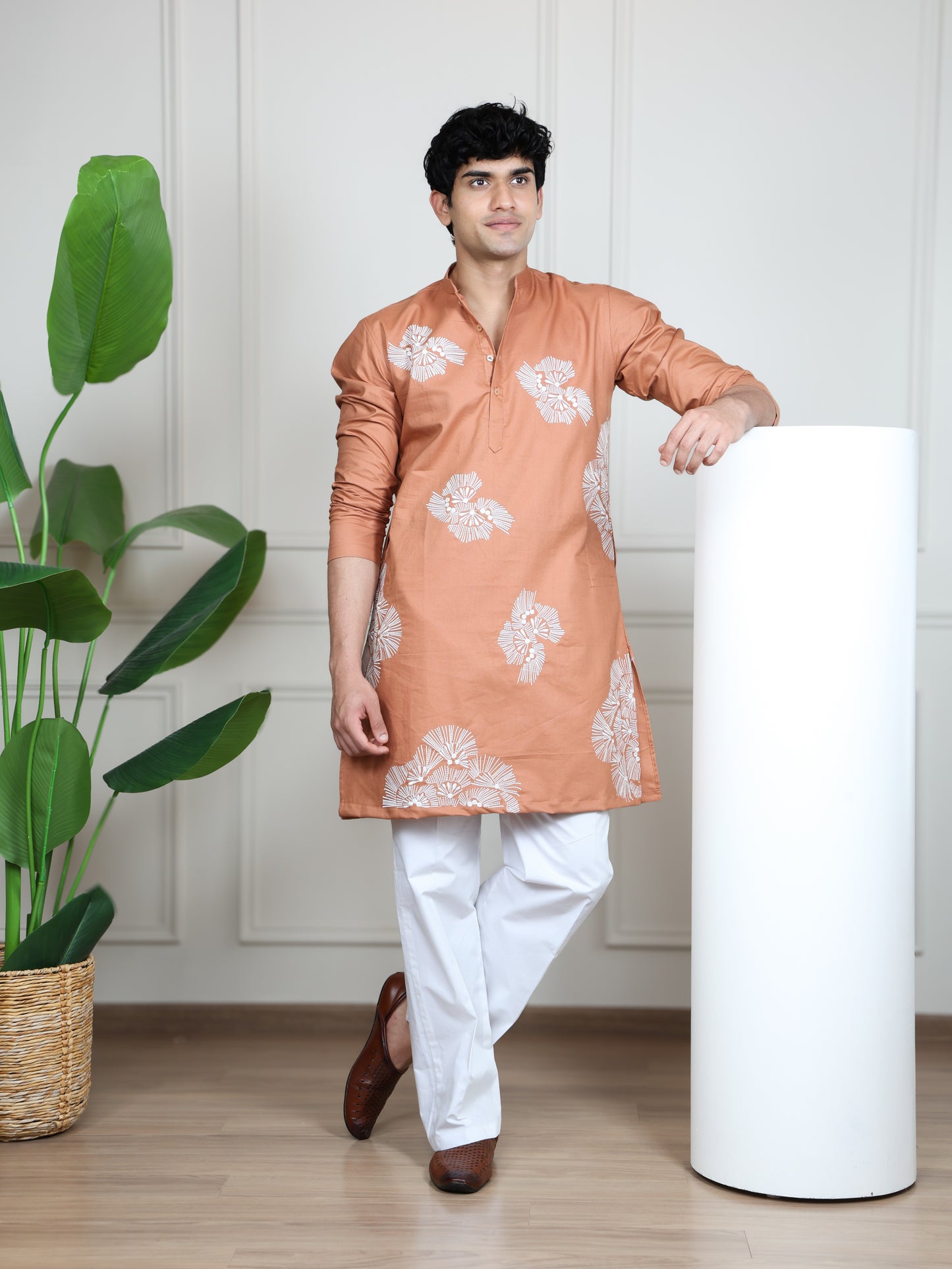 Motif Short Kurta Set-Peach