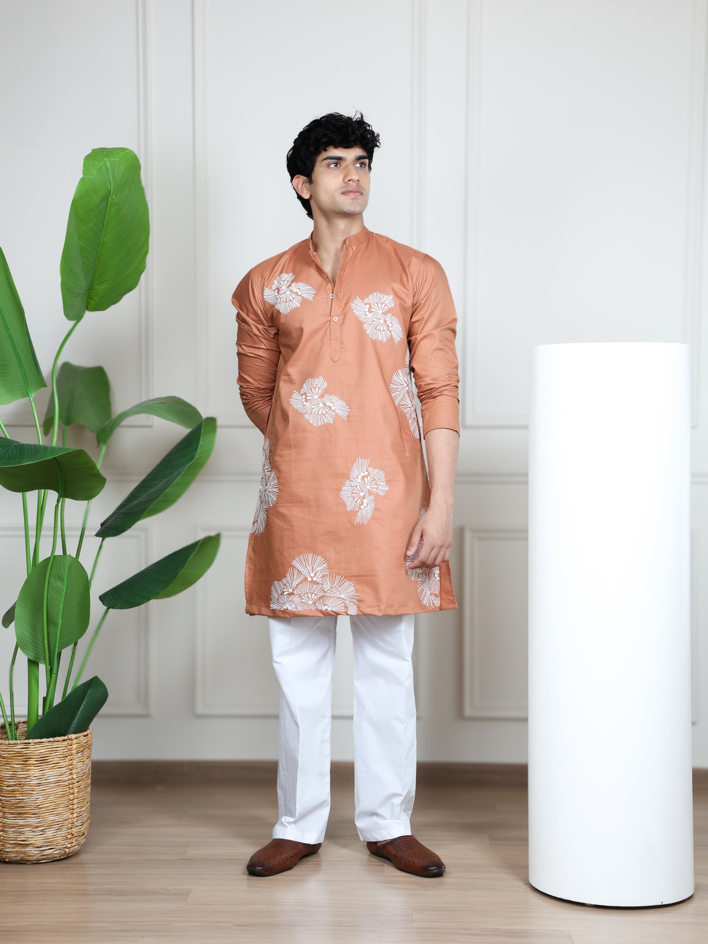 Motif Short Kurta Set-Peach