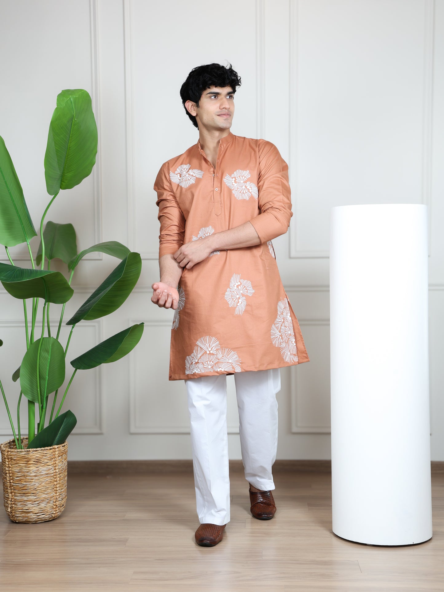 Motif Short Kurta Set-Peach