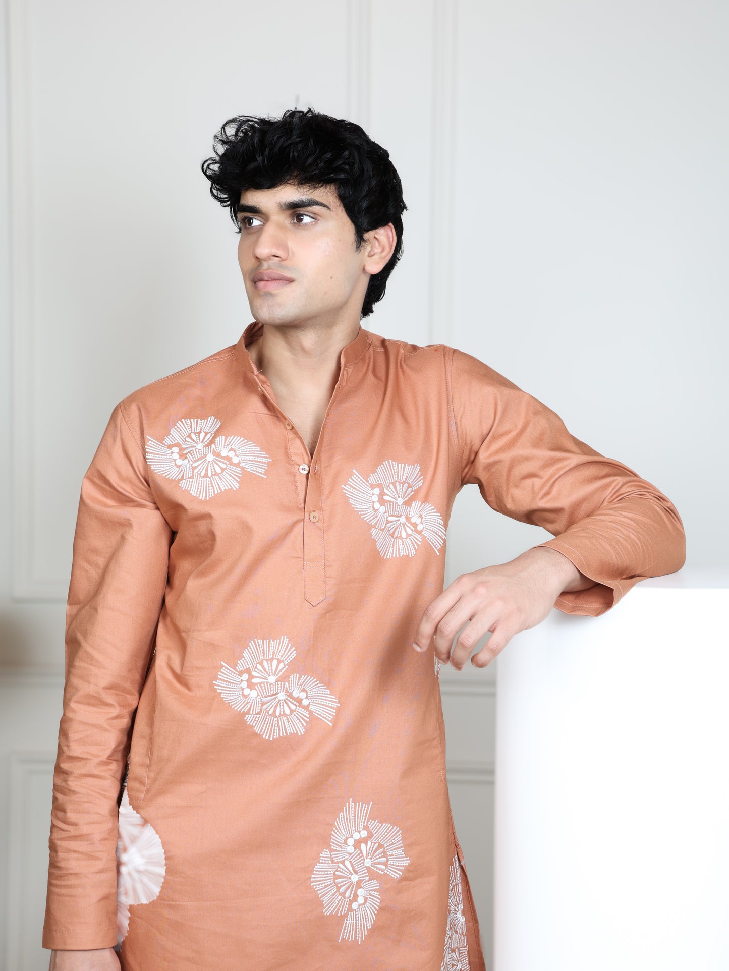 Motif Short Kurta Set-Peach