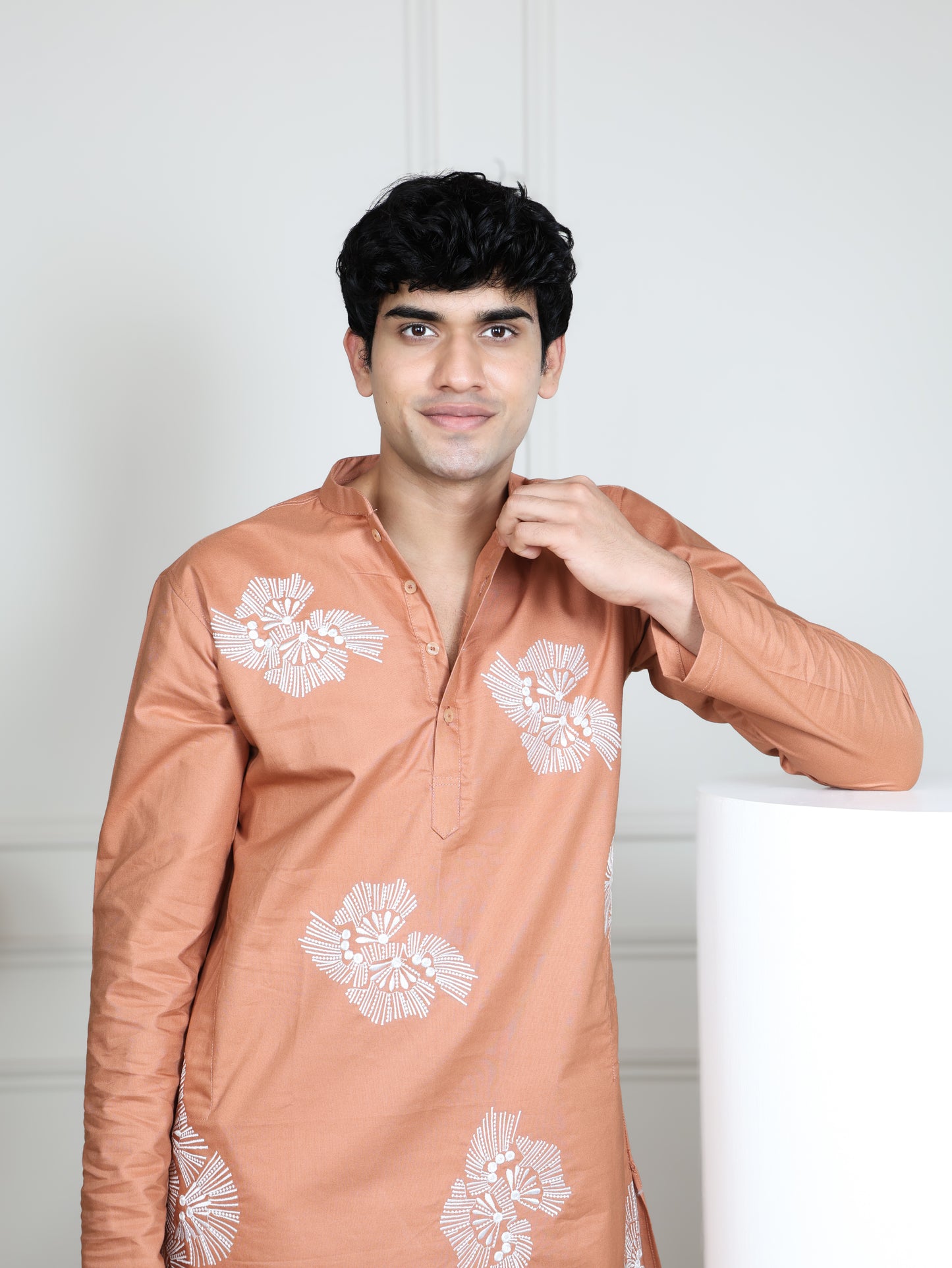 Motif Short Kurta Set-Peach
