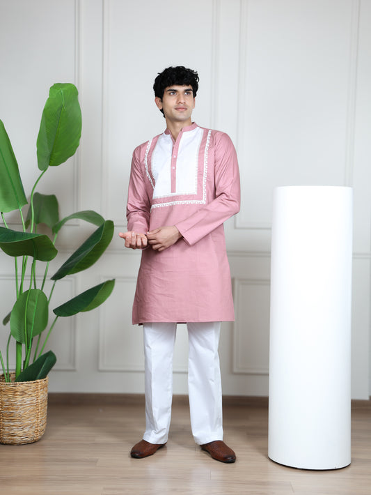 Ivory Panel Signature Kurta Ensemble-Pink