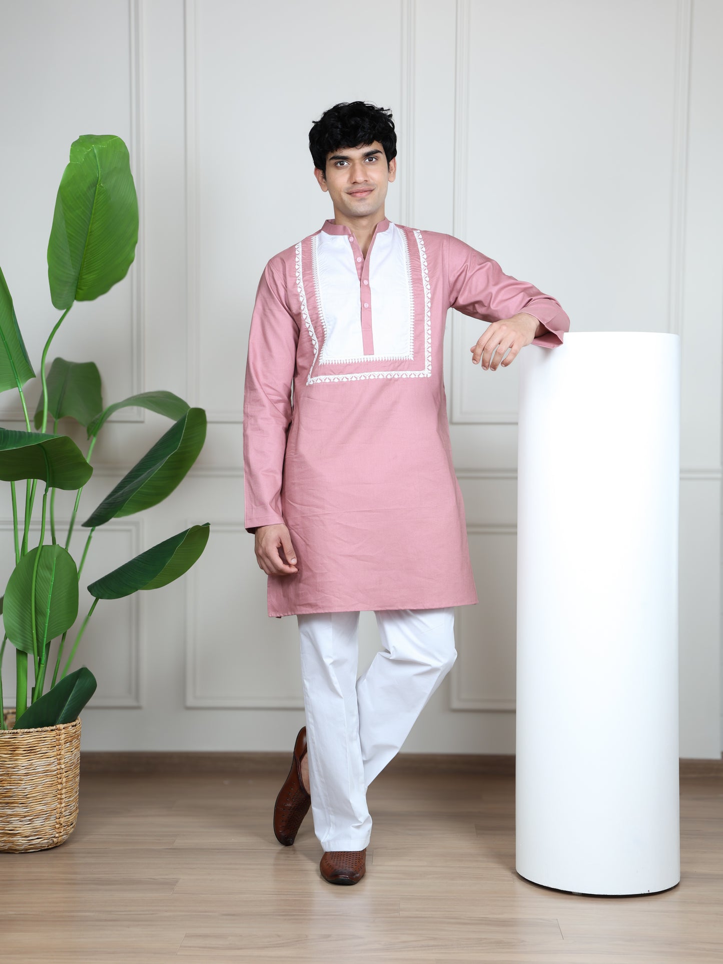 Ivory Panel Signature Kurta Ensemble-Pink