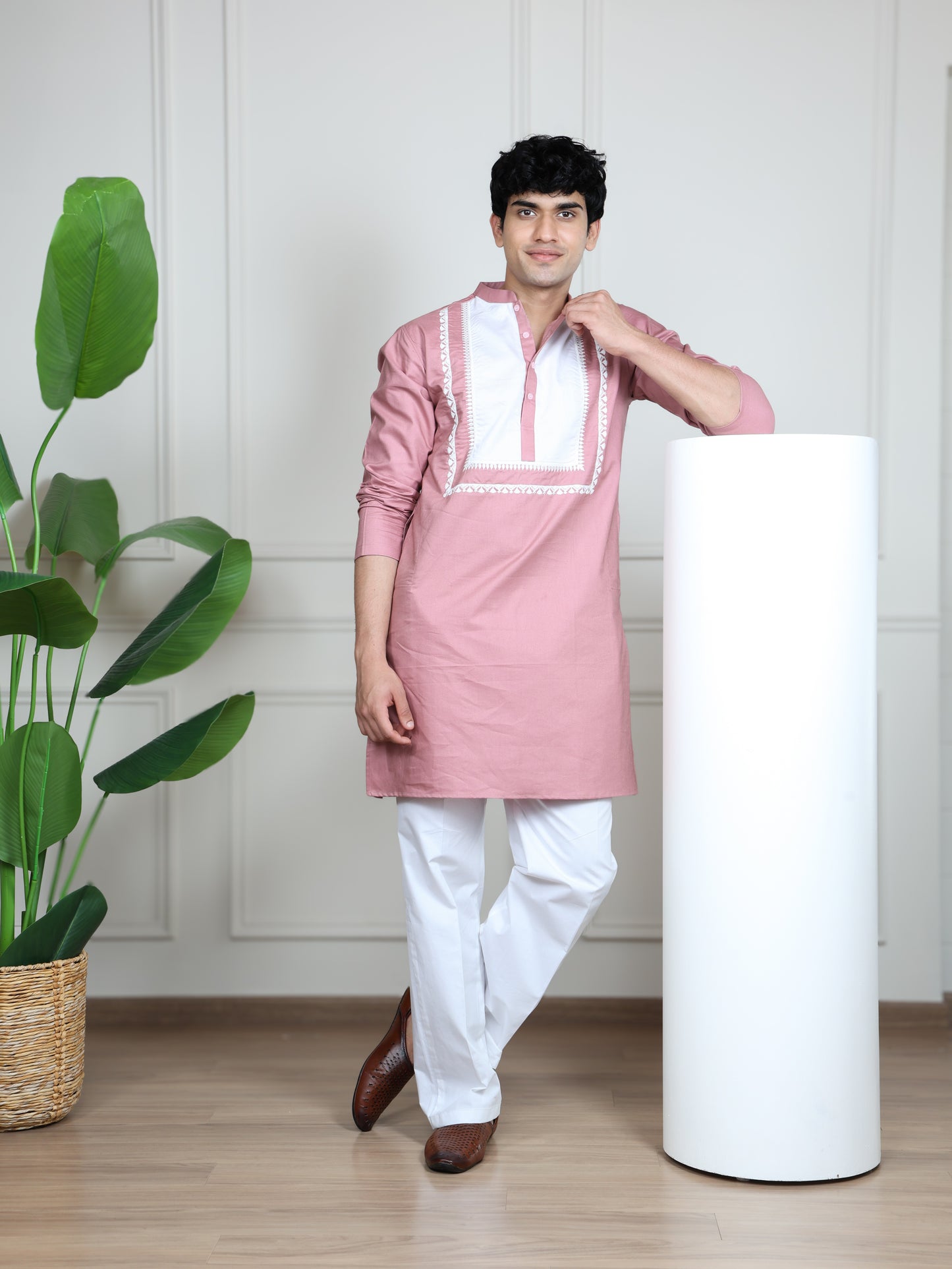 Ivory Panel Signature Kurta Ensemble-Pink