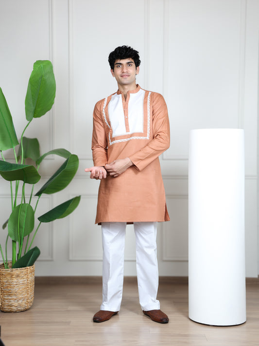 Ivory Panel Signature Kurta Ensemble-Peach