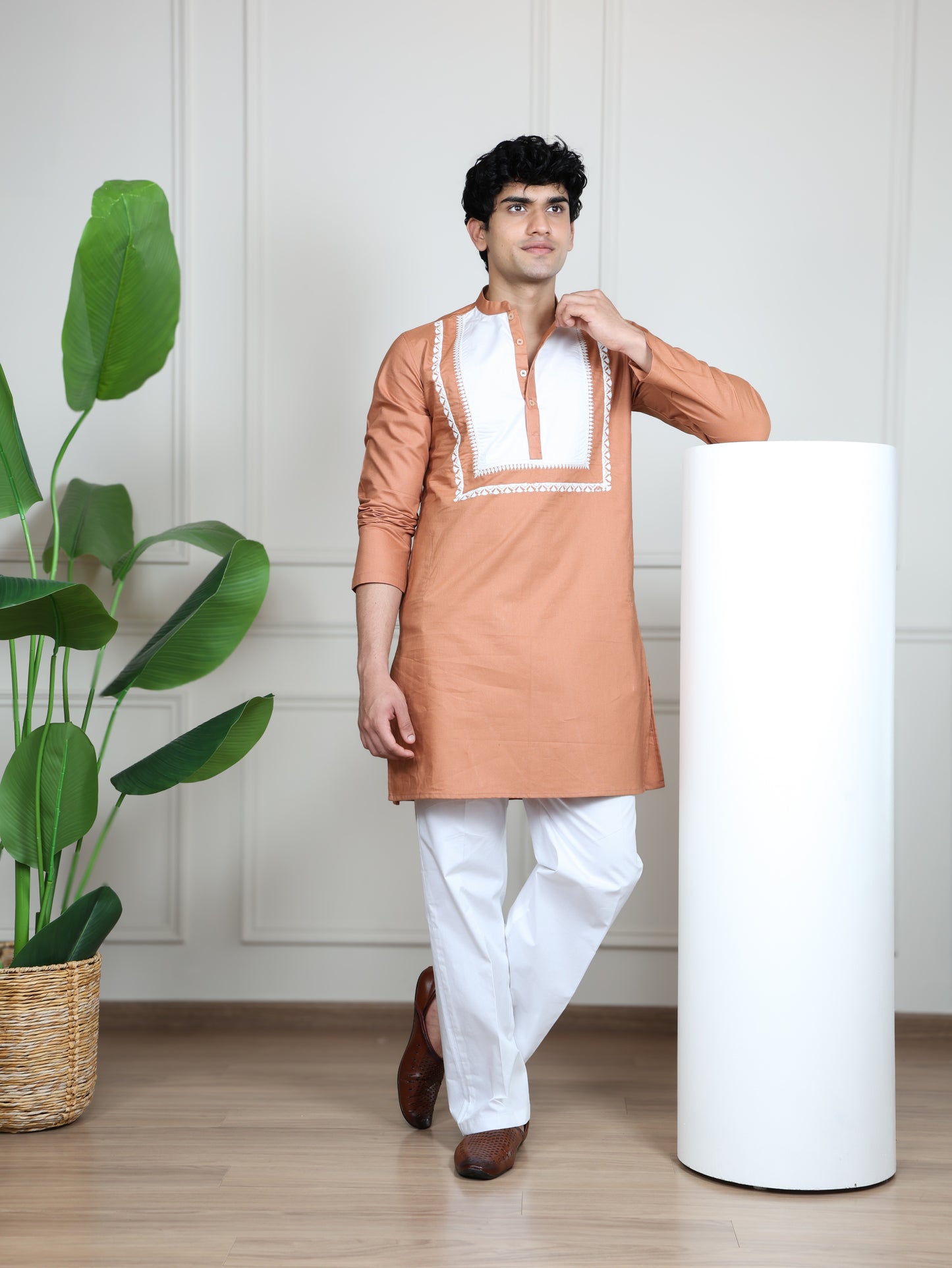 Ivory Panel Signature Kurta Ensemble-Peach