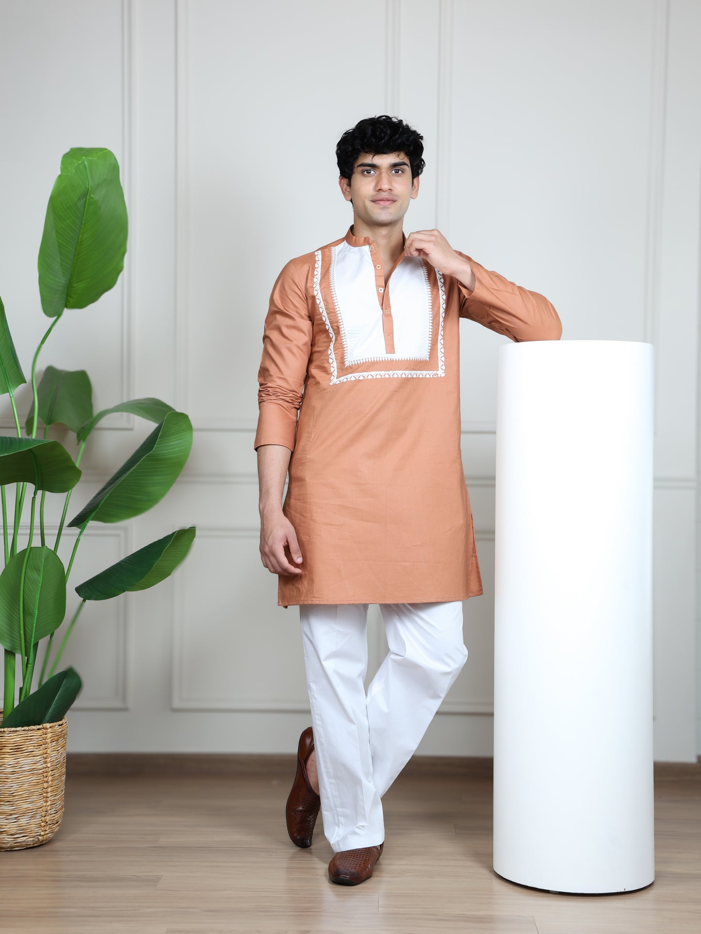Ivory Panel Signature Kurta Ensemble-Peach