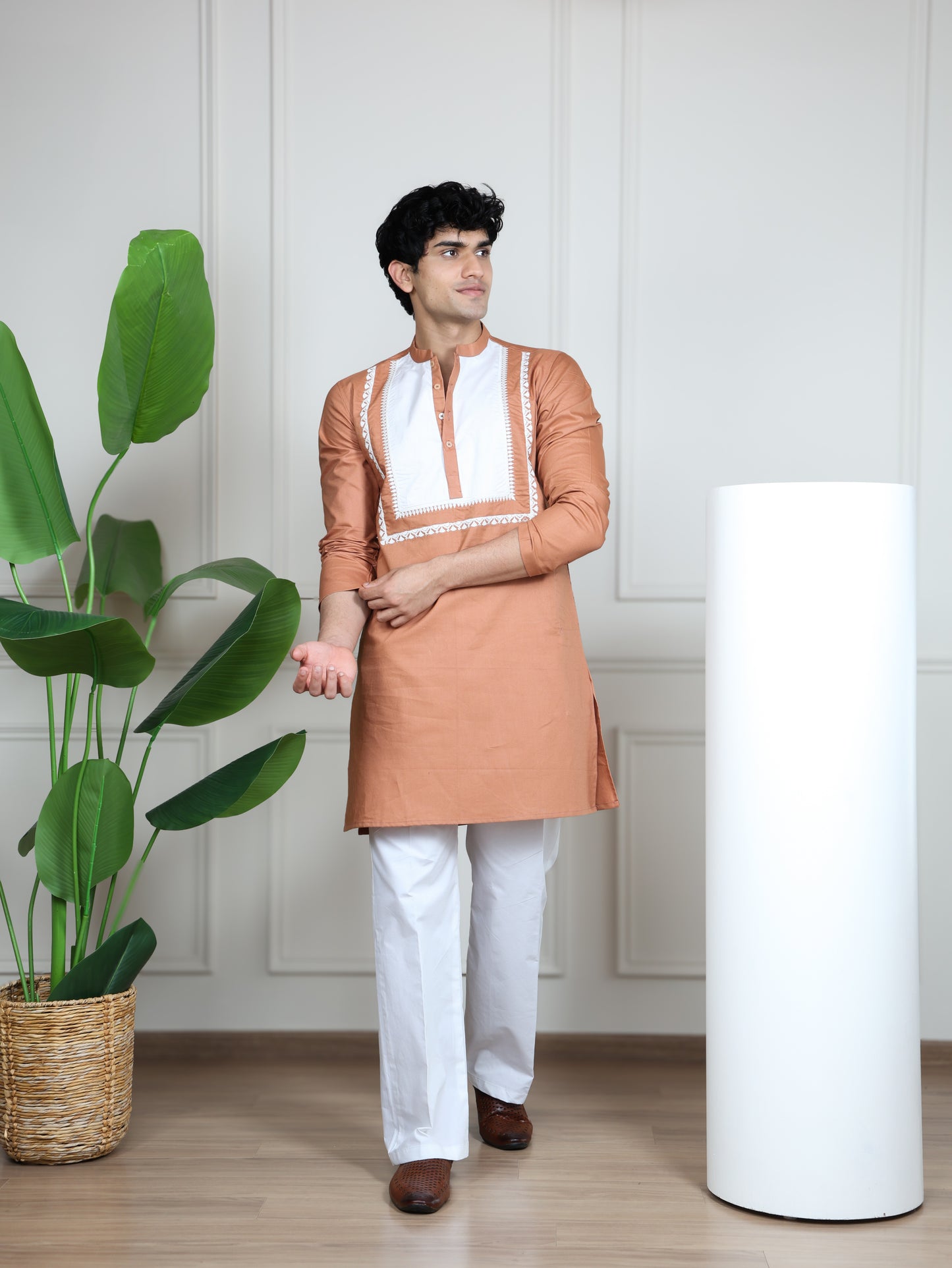Ivory Panel Signature Kurta Ensemble-Peach