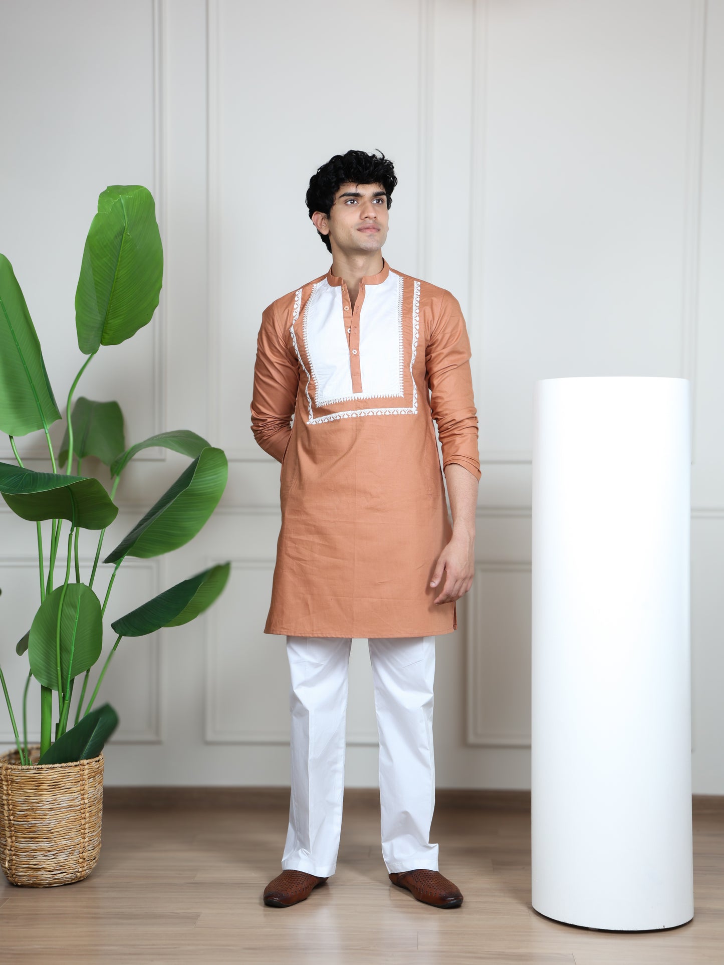 Ivory Panel Signature Kurta Ensemble-Peach