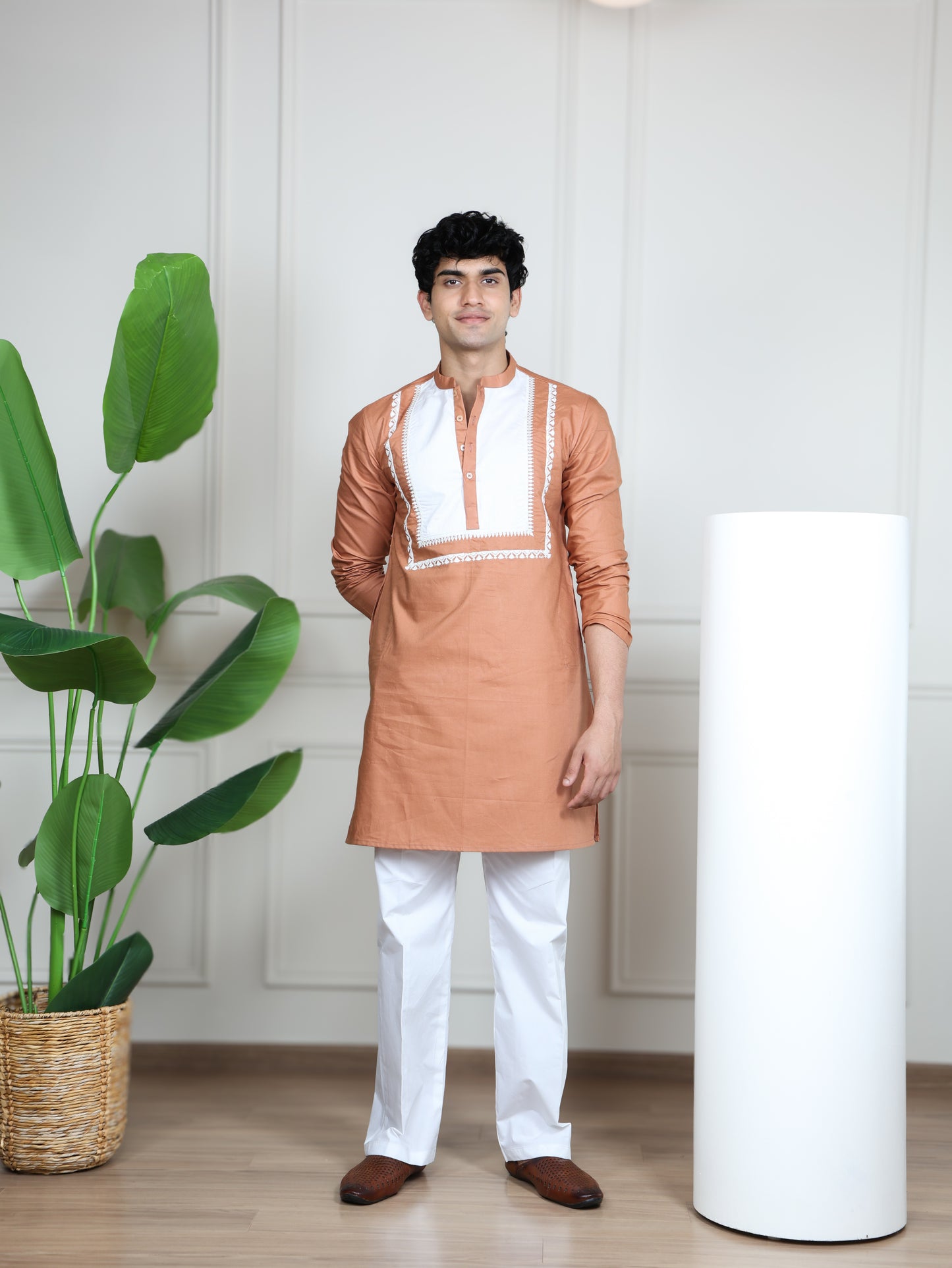 Ivory Panel Signature Kurta Ensemble-Peach