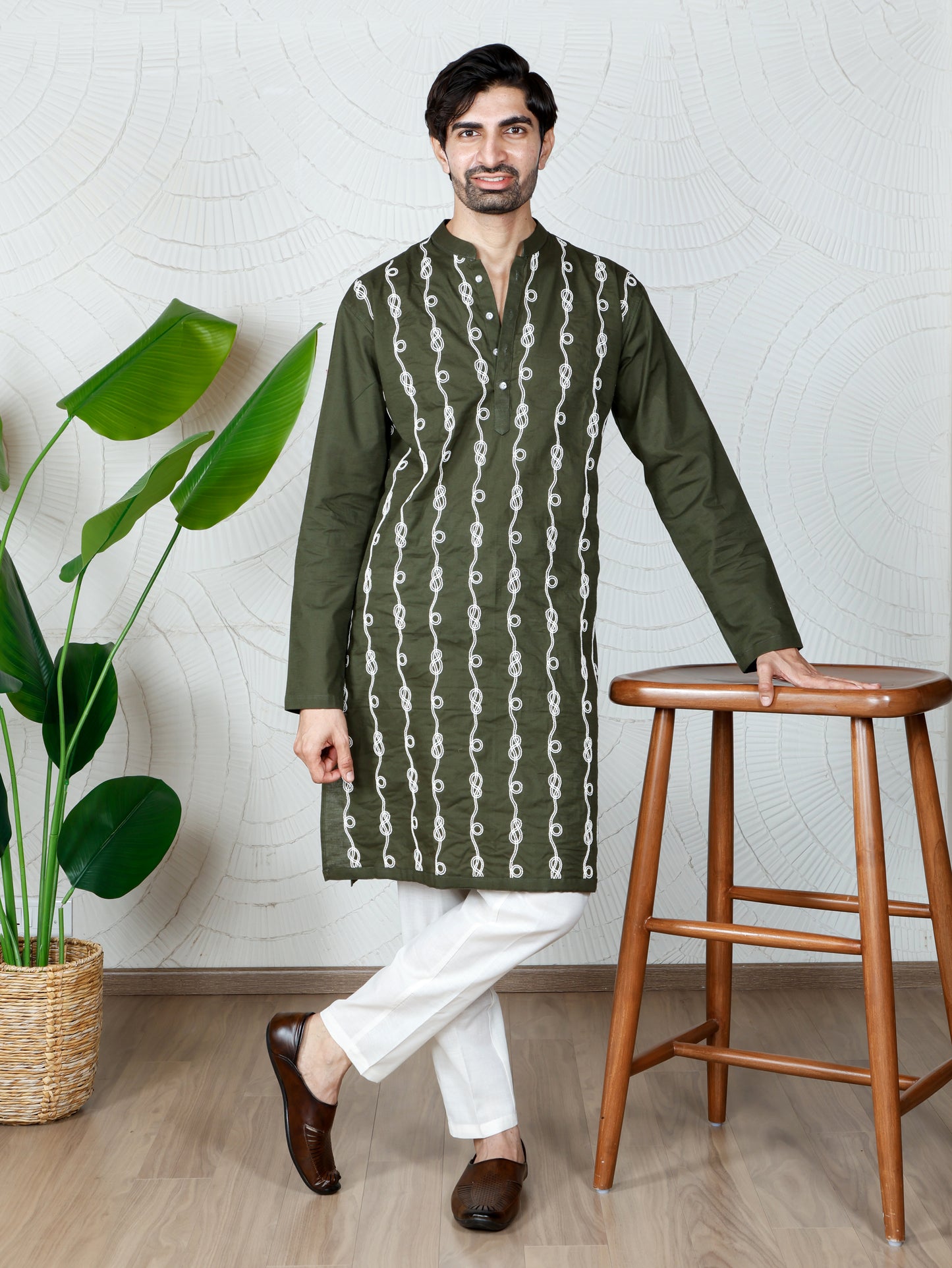 Spiral Embroidered Kurta-Pant Set-Regal Olive