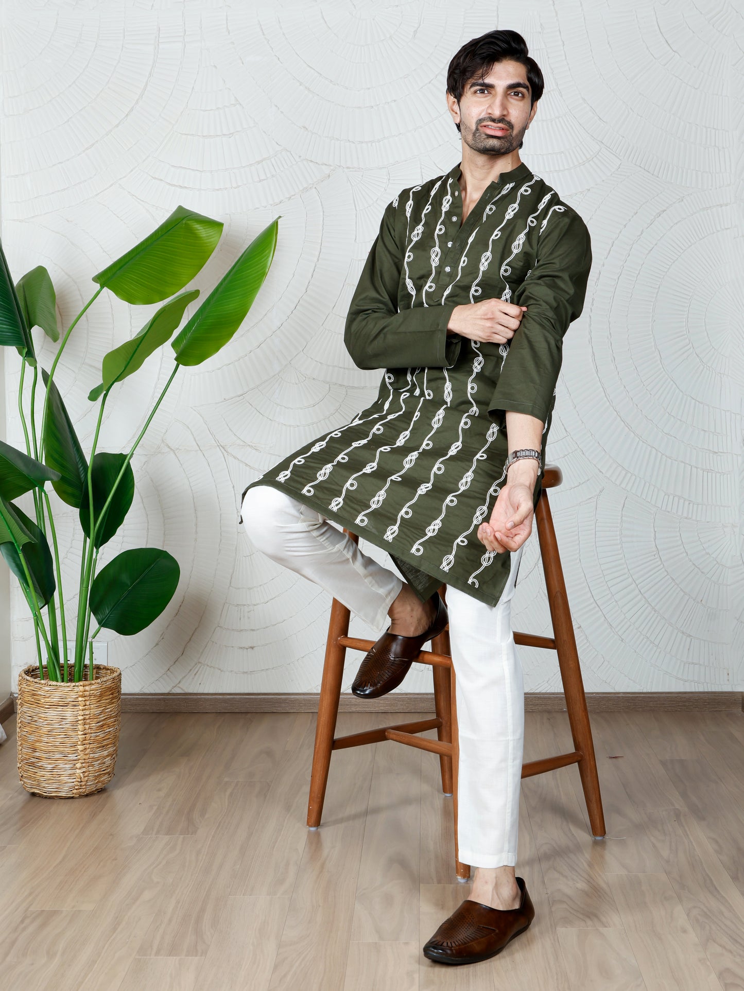 Spiral Embroidered only Kurta-Regal Olive