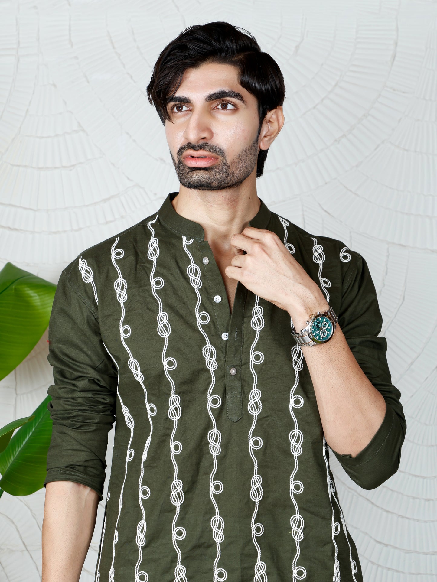 Spiral Embroidered Kurta-Pant Set-Regal Olive