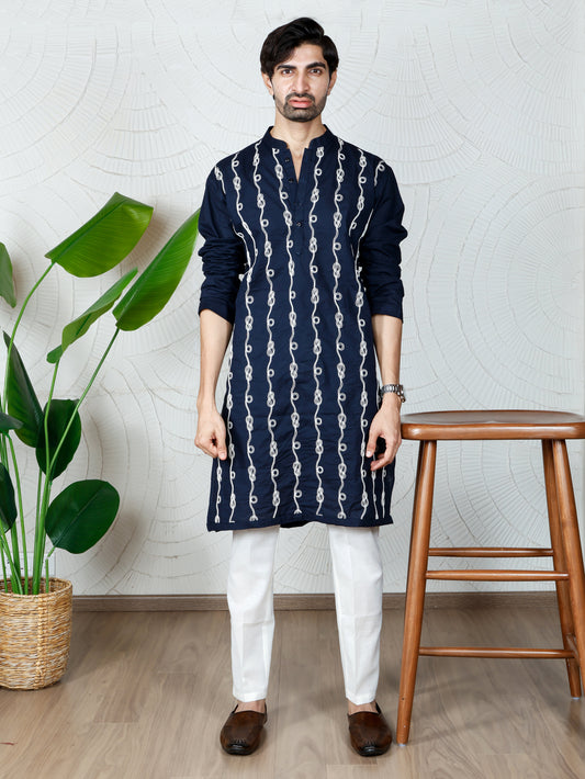 Spiral Embroidered Kurta-Pant Set-Regal Navy Blue