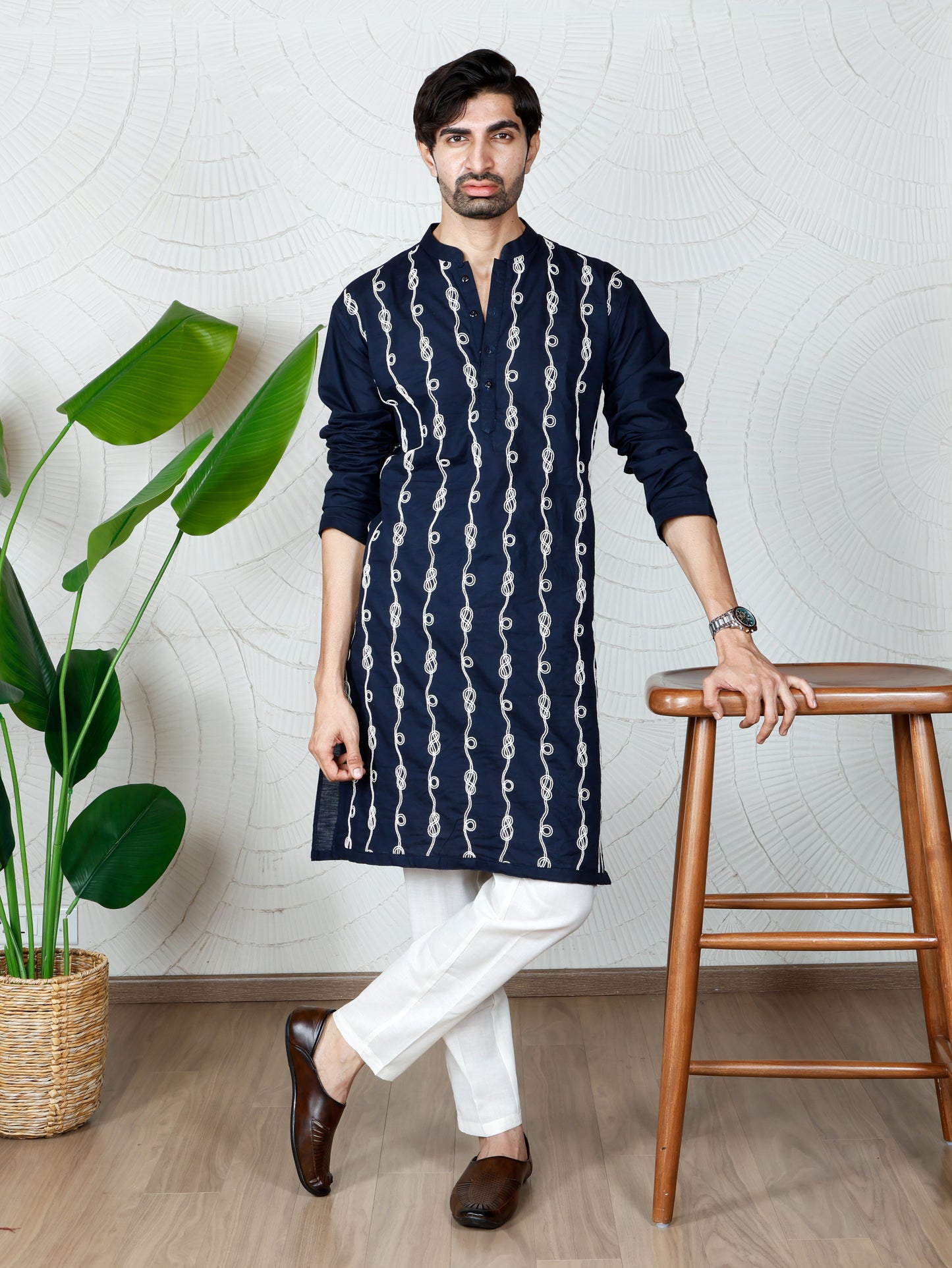 Spiral Embroidered only Kurta-Regal Navy Blue