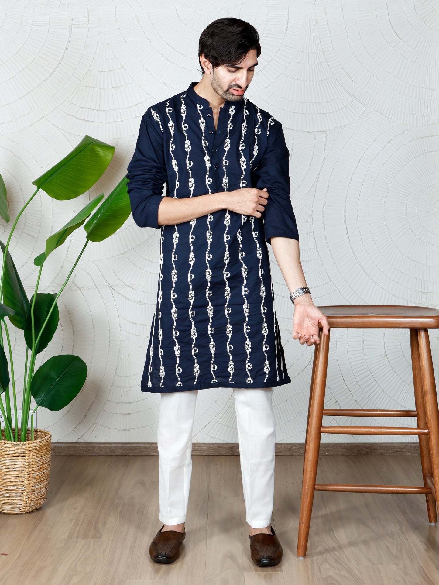 Spiral Embroidered only Kurta-Regal Navy Blue