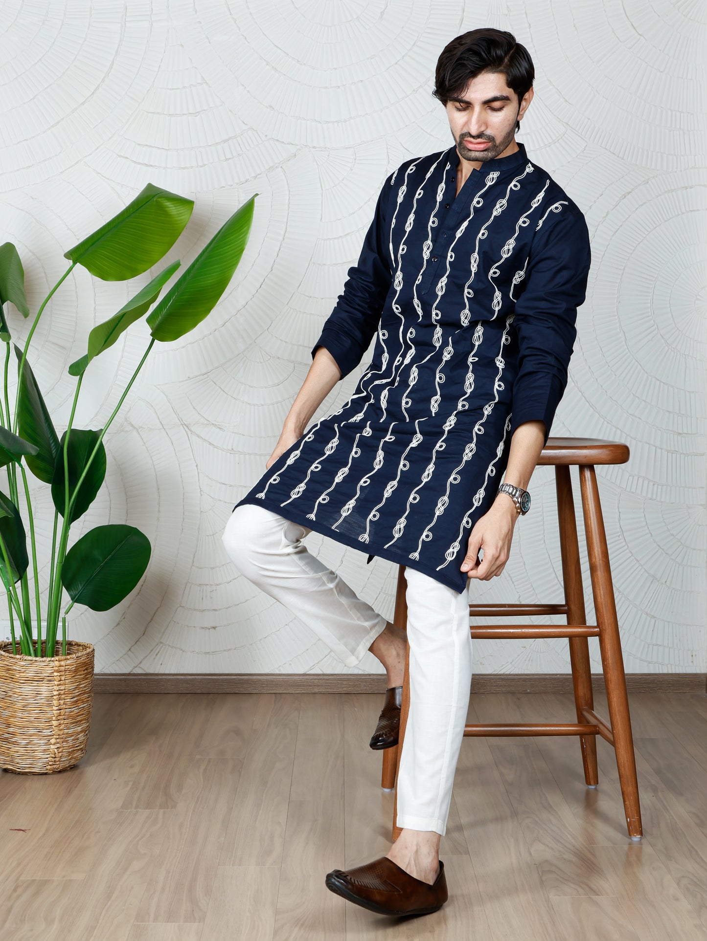 Spiral Embroidered Kurta-Pant Set-Regal Navy Blue