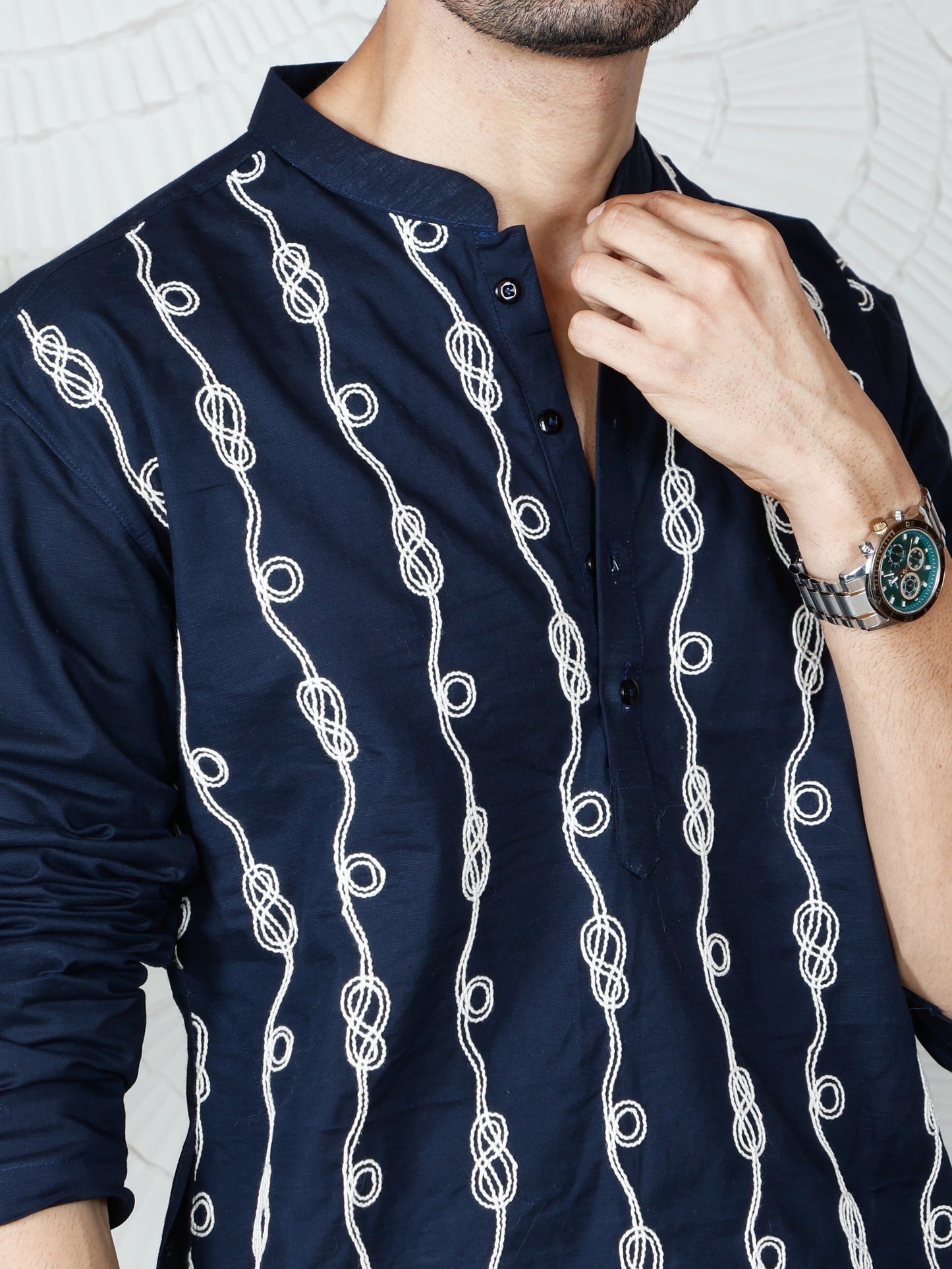Spiral Embroidered Kurta-Pant Set-Regal Navy Blue