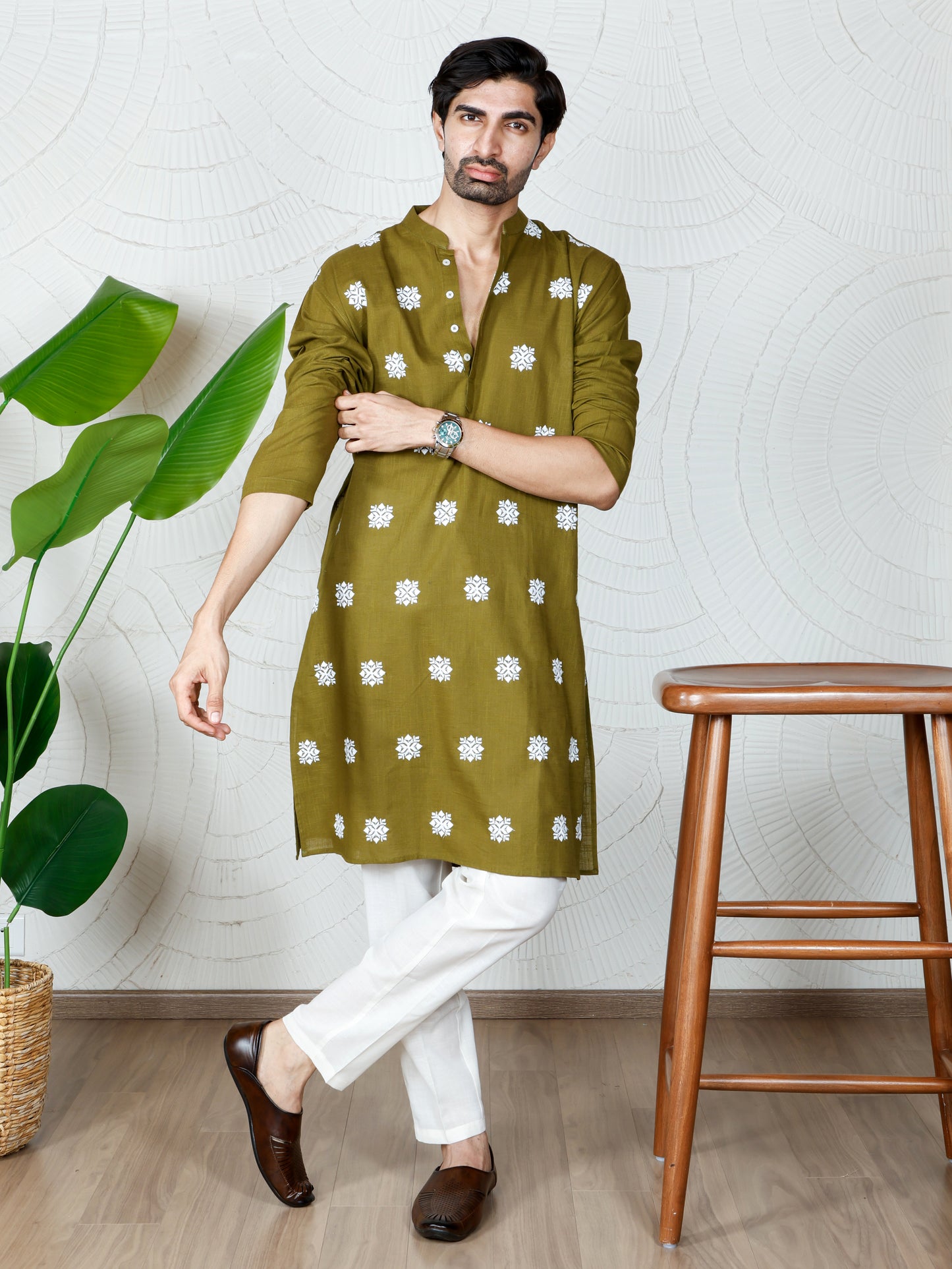Chikankari  Kurta and Pant Set-Mehendi