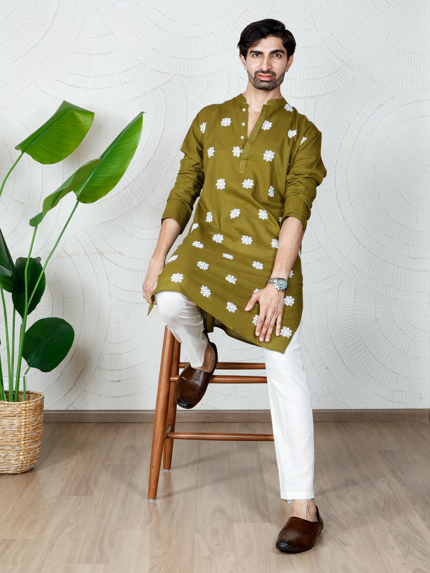 Chikankari  Kurta and Pant Set-Mehendi