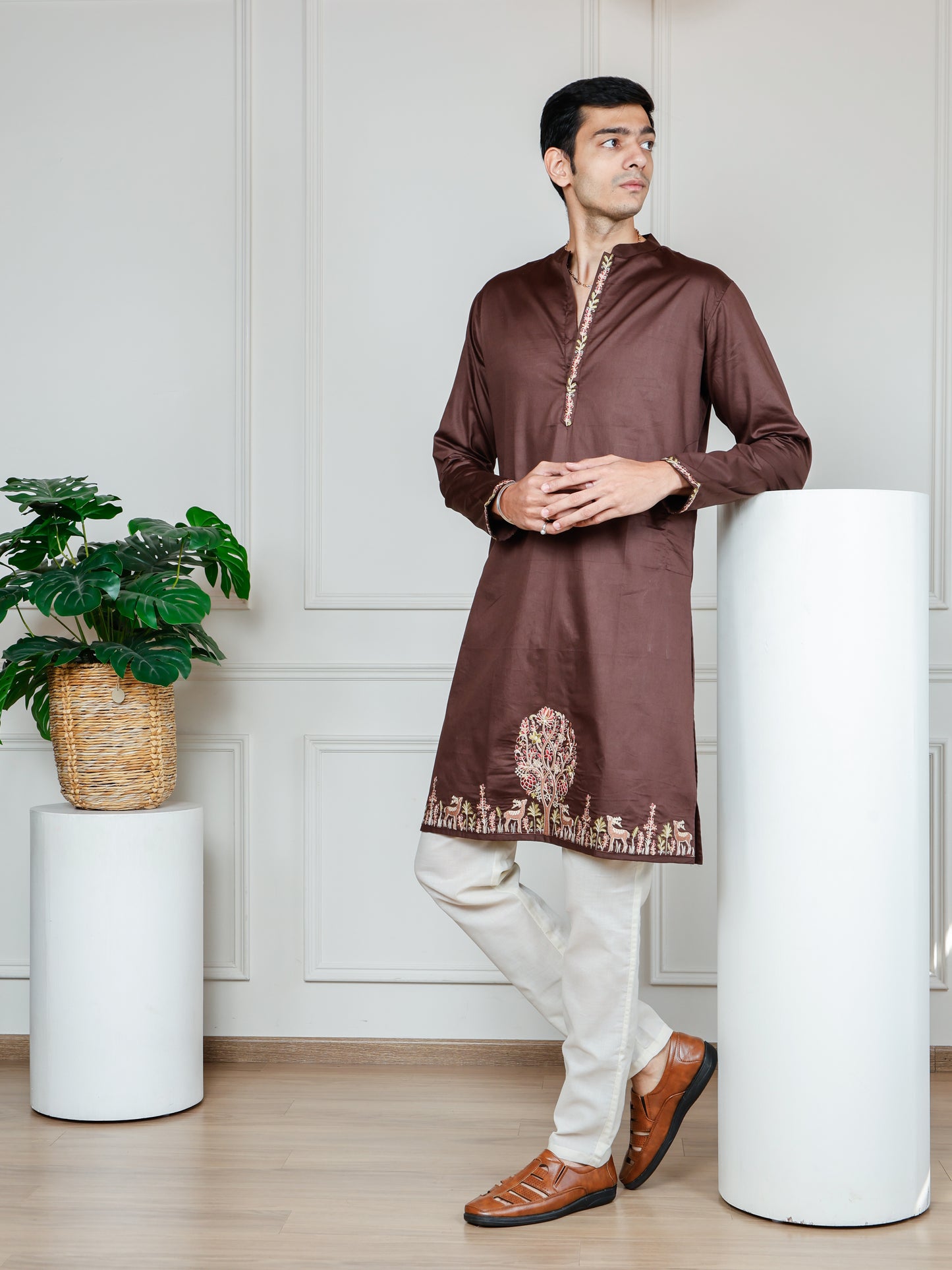 Woodland Harmony Embroidered only Kurta -Brown
