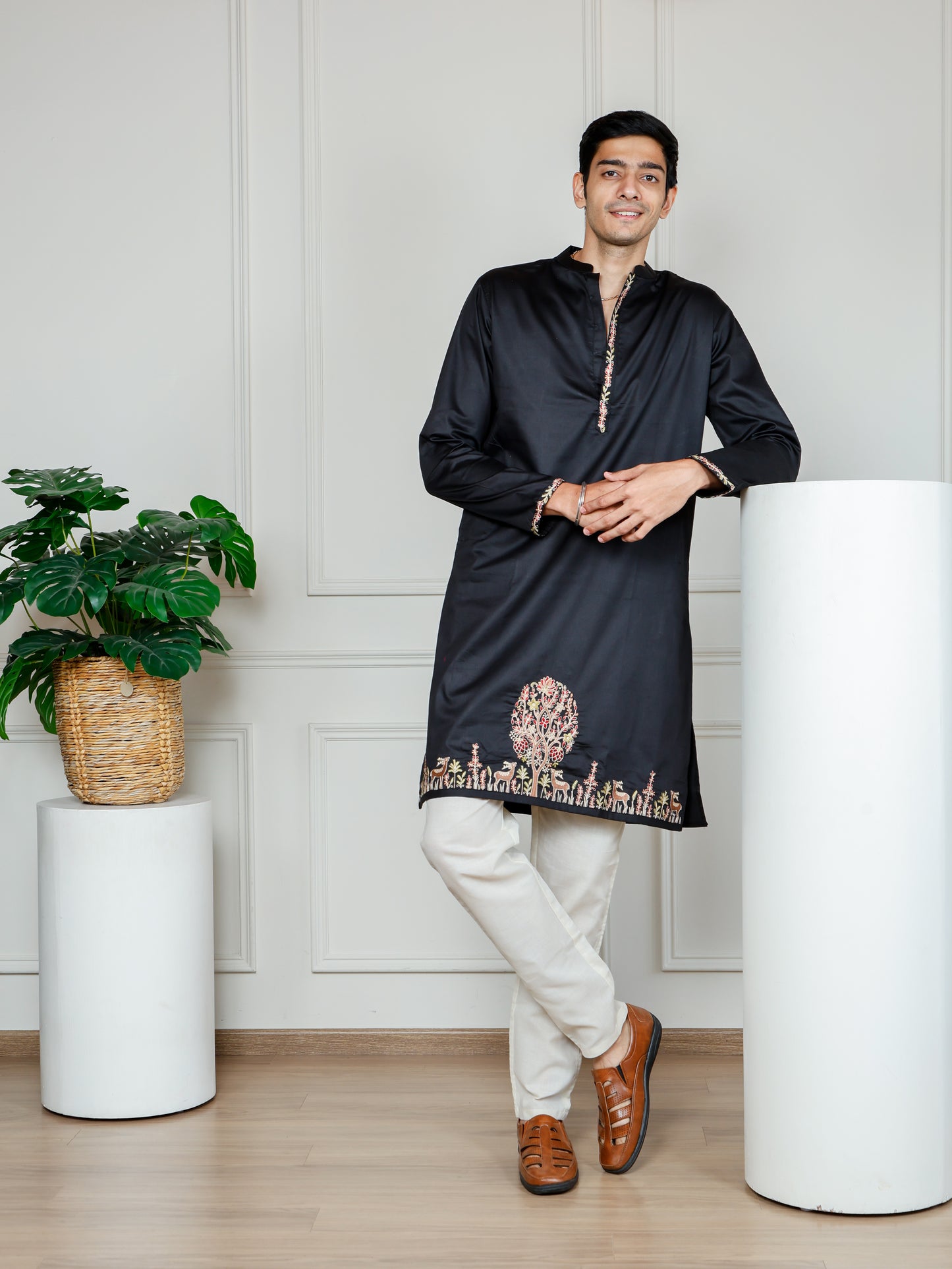 Woodland Harmony Embroidered only Kurta -Black