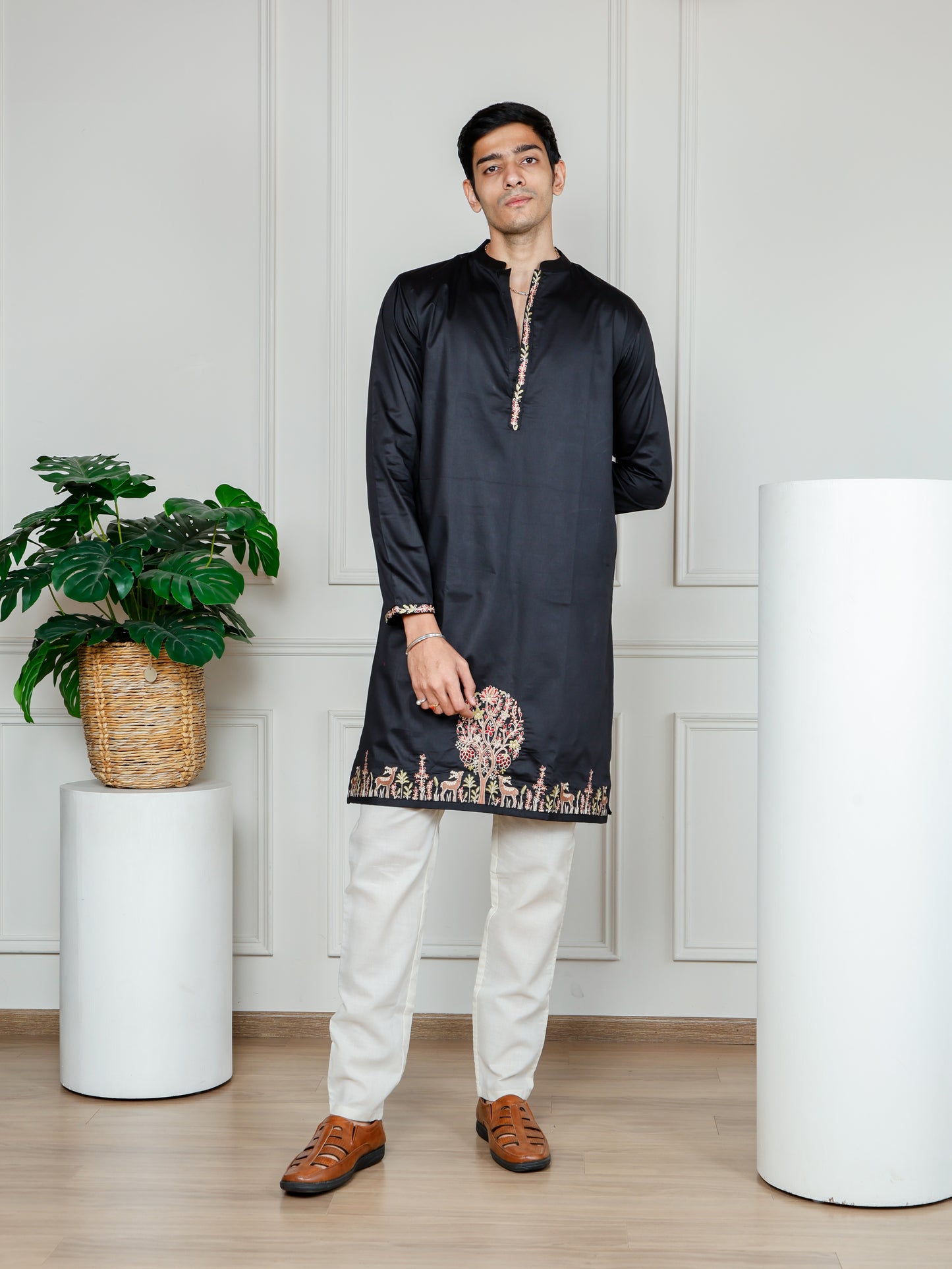 Woodland Harmony Embroidered only Kurta -Black
