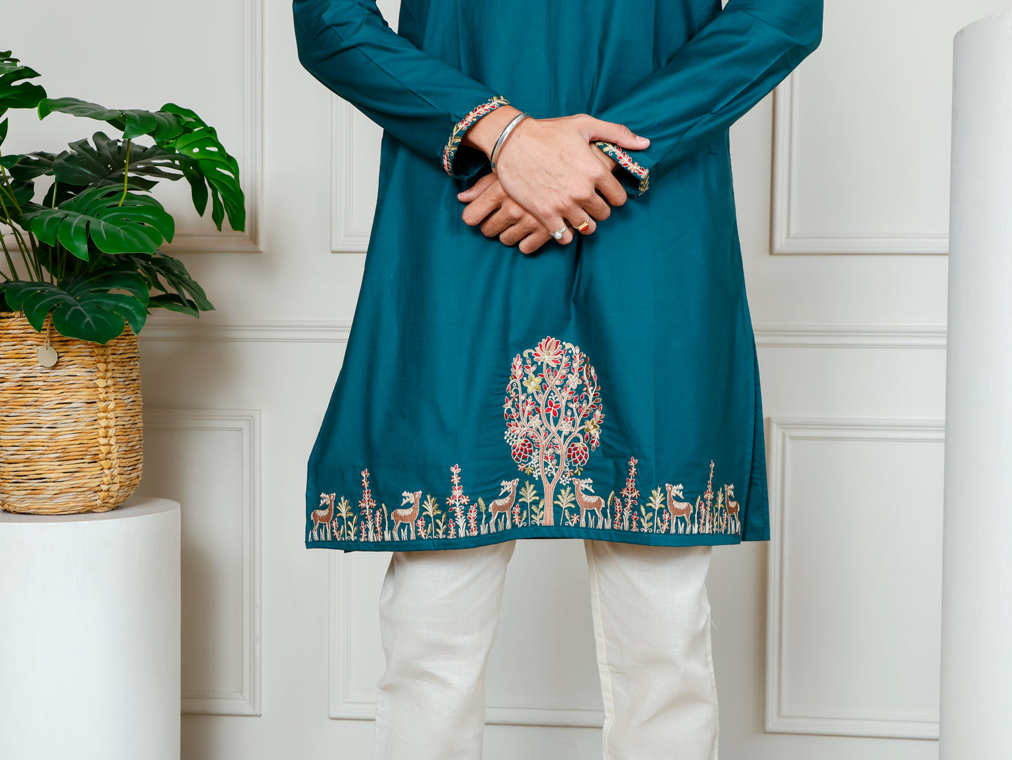 Woodland Harmony Embroidered Kurta and pant set-Teal Blue