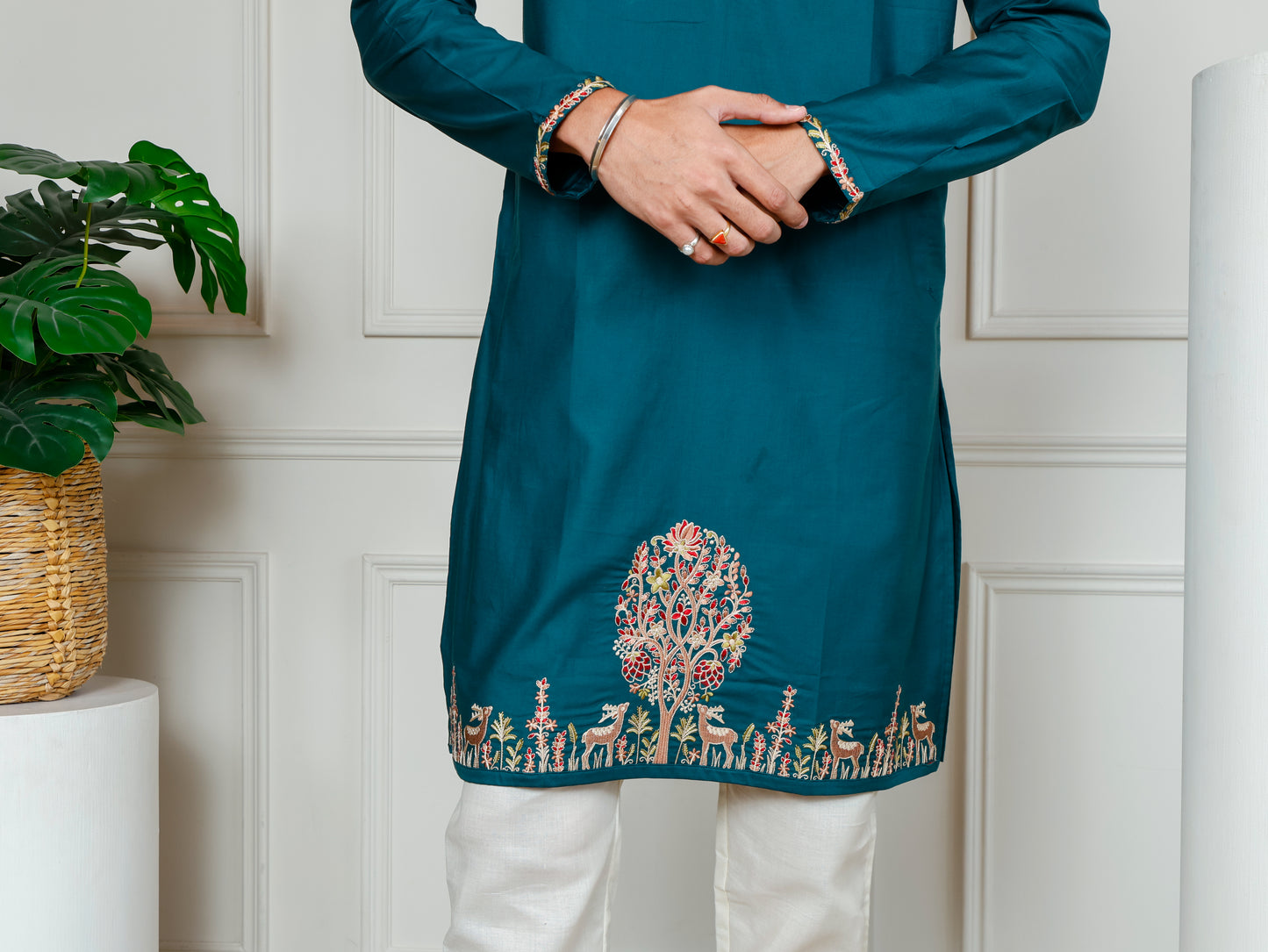 Woodland Harmony Embroidered Kurta and pant set-Teal Blue