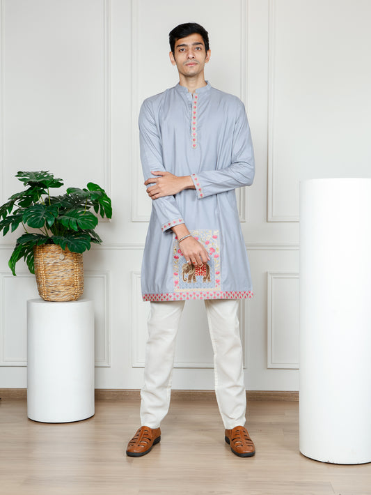 Elephant motif patckwork only kurta-Grey