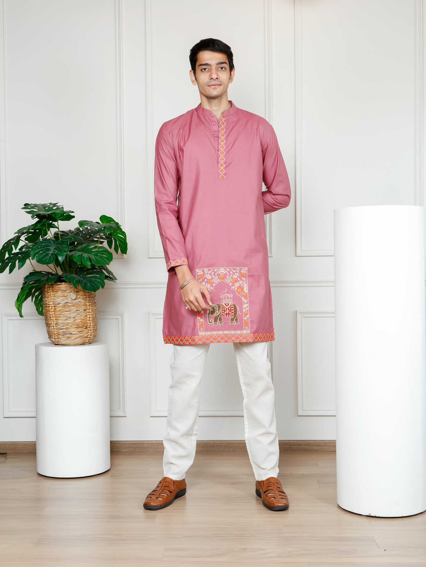 Elephant motif patckwork only kurta-Pink