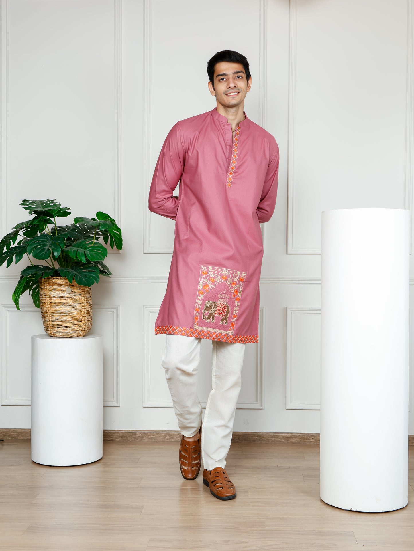 Elephant motif patckwork only kurta-Pink